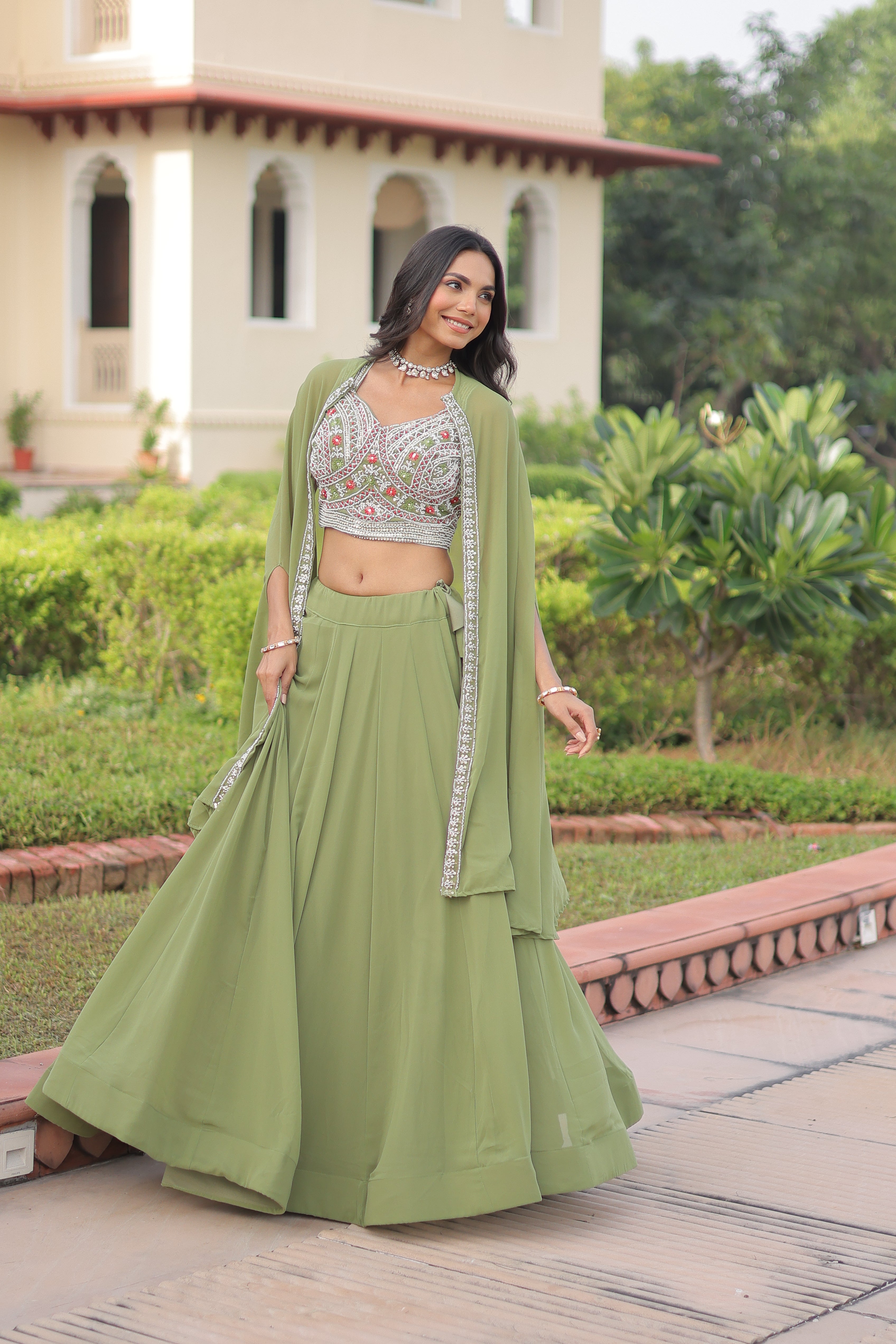 Sanika pista green faux georgette lehenga choli with beads embroidery and shrug
