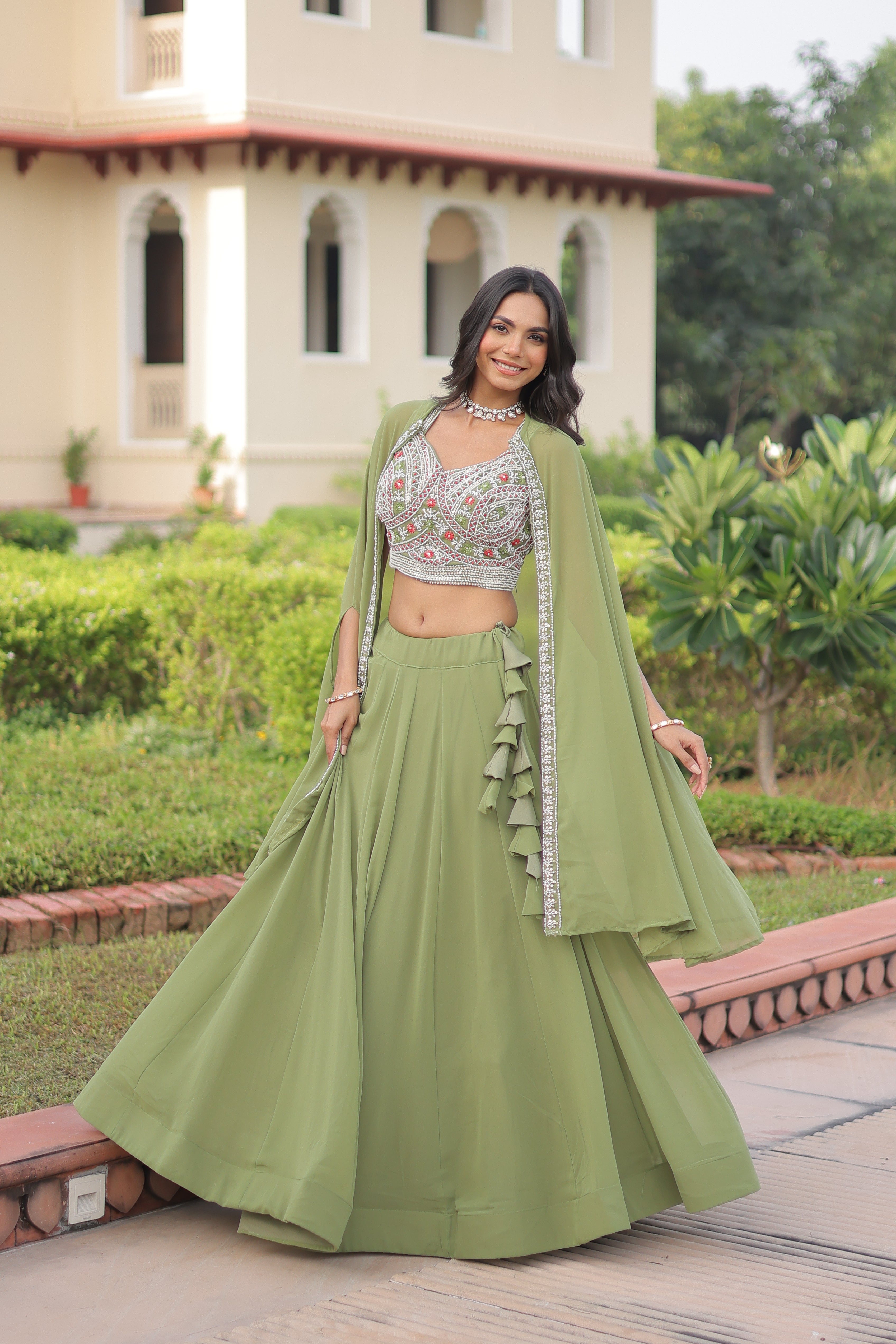 Sanika pista green faux georgette lehenga choli with beads embroidery and shrug