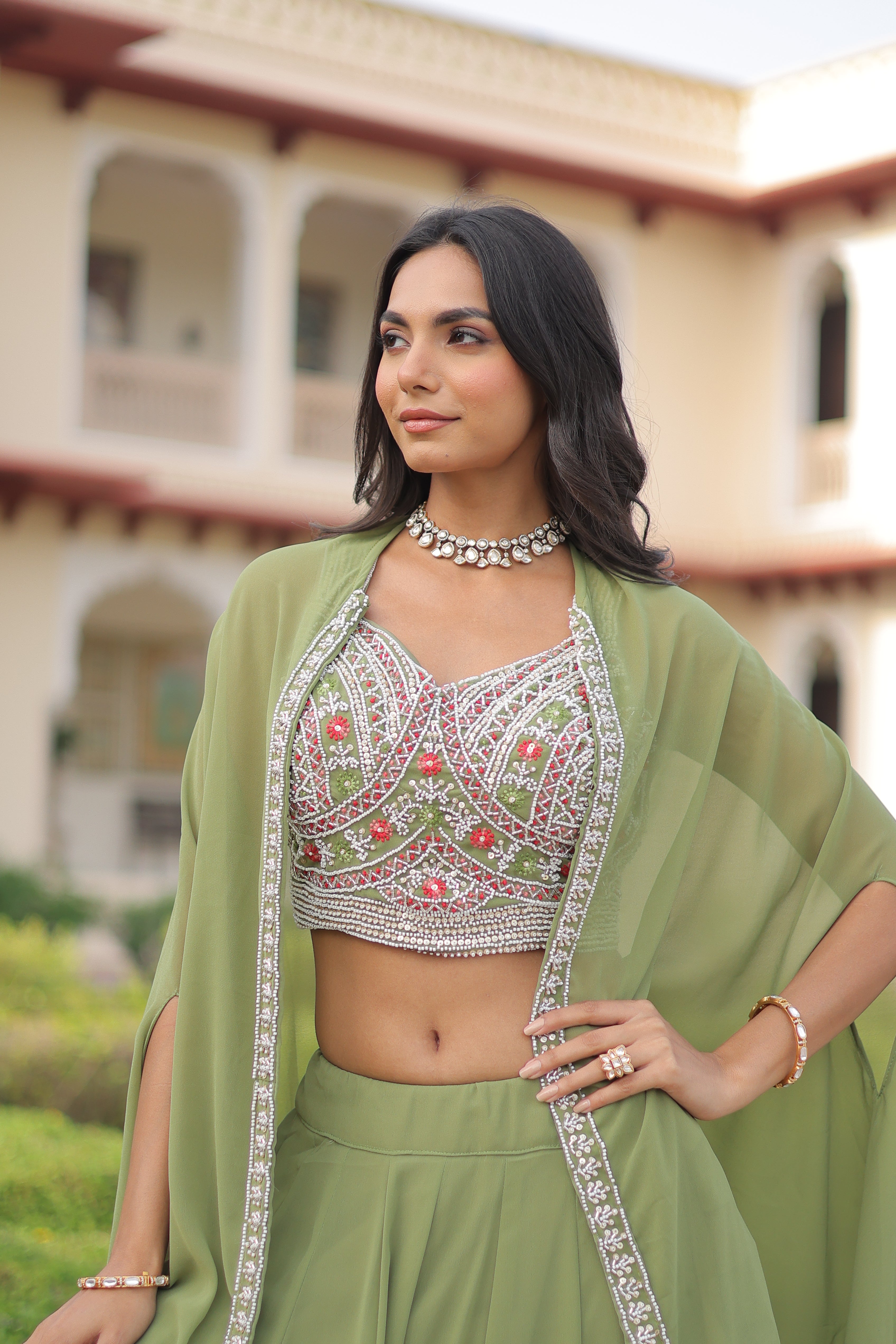 Sanika pista green faux georgette lehenga choli with beads embroidery and shrug