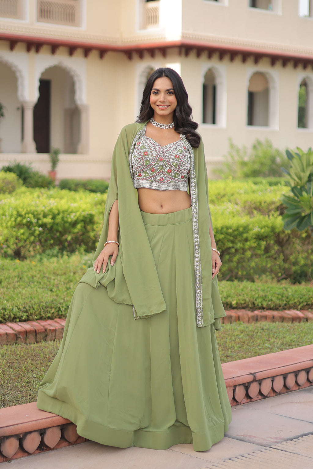 Sanika pista green faux georgette lehenga choli with beads embroidery and shrug