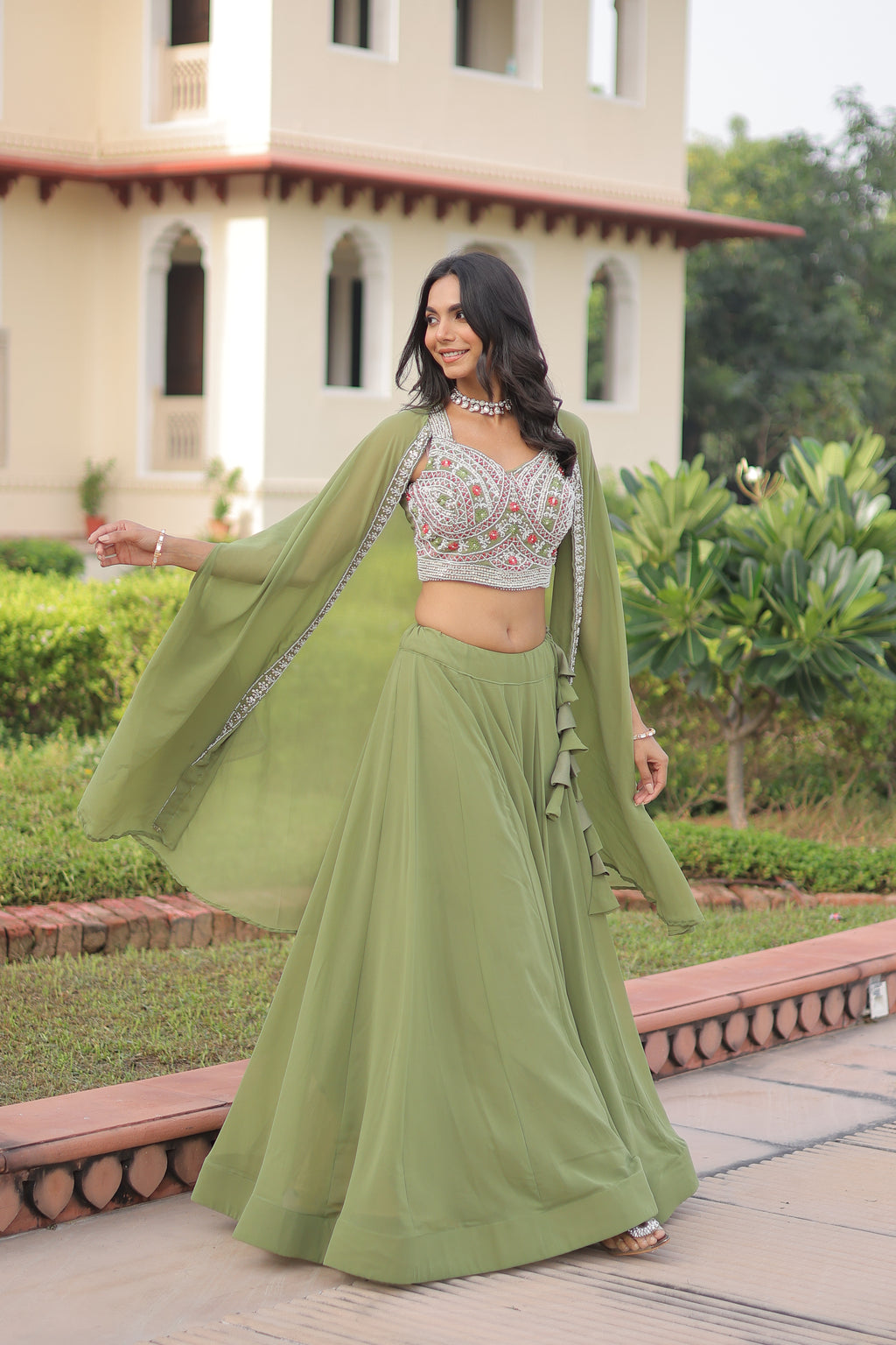 Sanika pista green faux georgette lehenga choli with beads embroidery and shrug