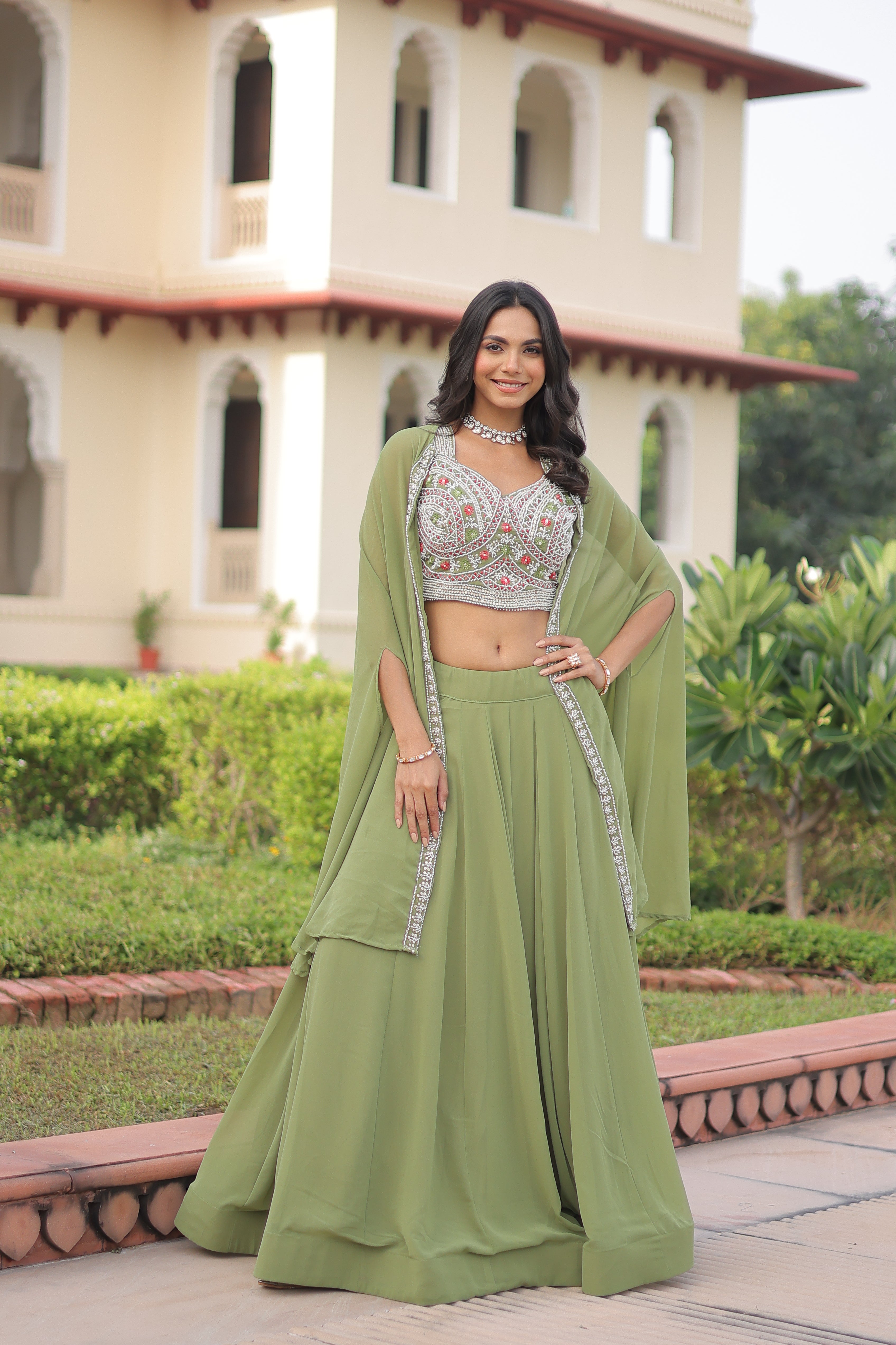 Sanika pista green faux georgette lehenga choli with beads embroidery and shrug