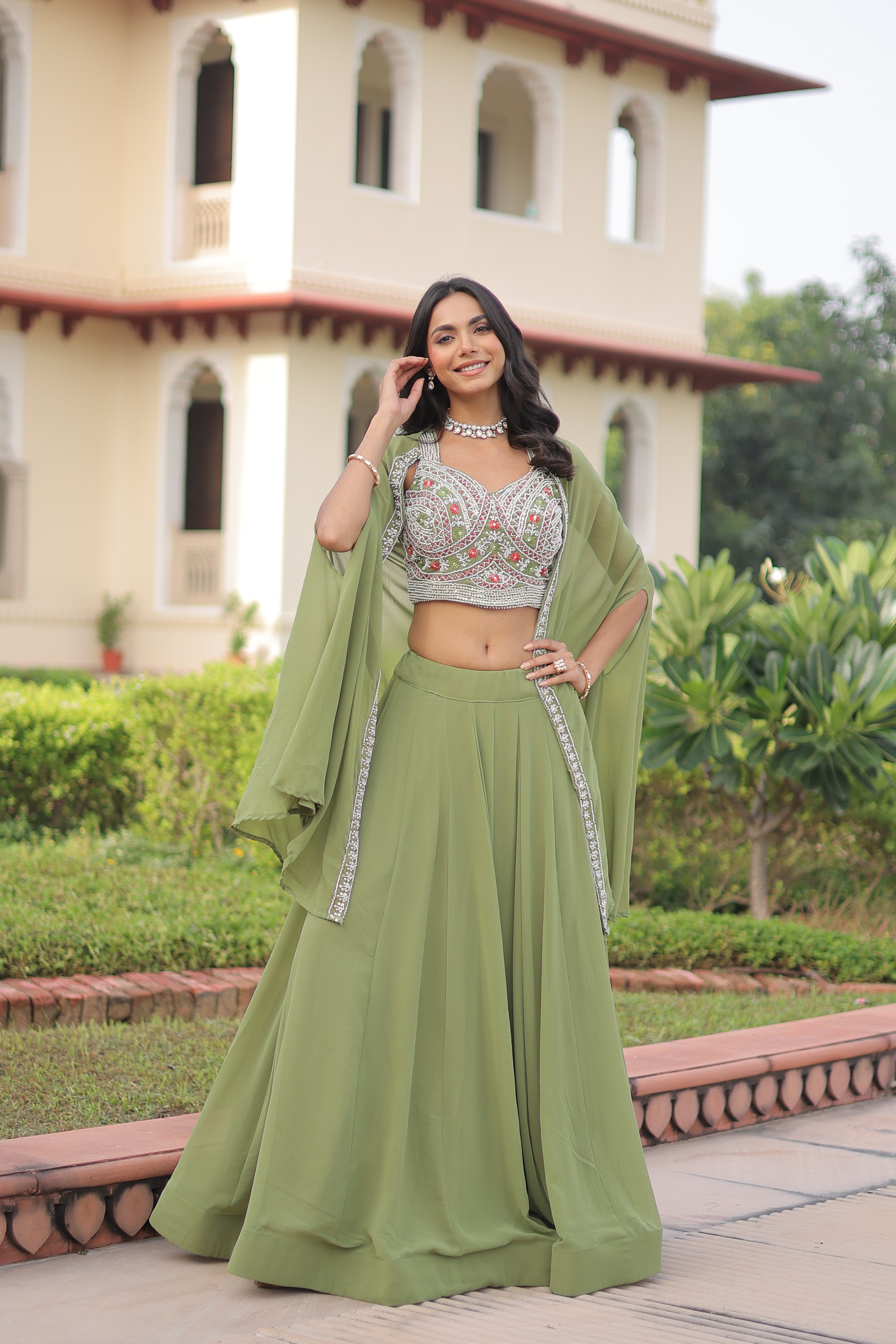 Sanika pista green faux georgette lehenga choli with beads embroidery and shrug