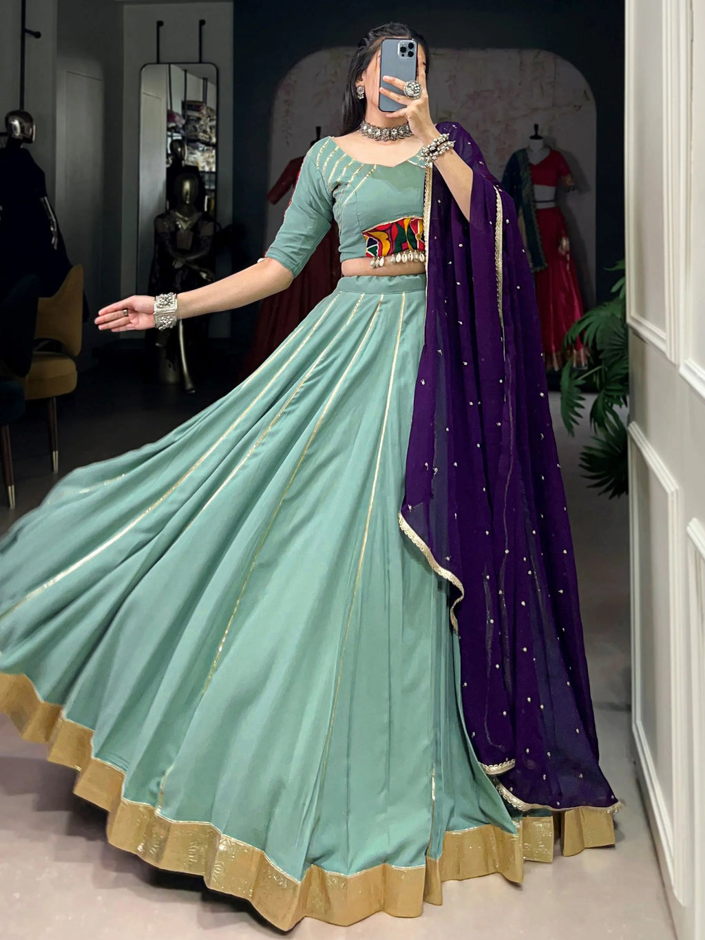 Sea Green Rayon Mirror Gamthi Work Lehenga Choli with Dupatta