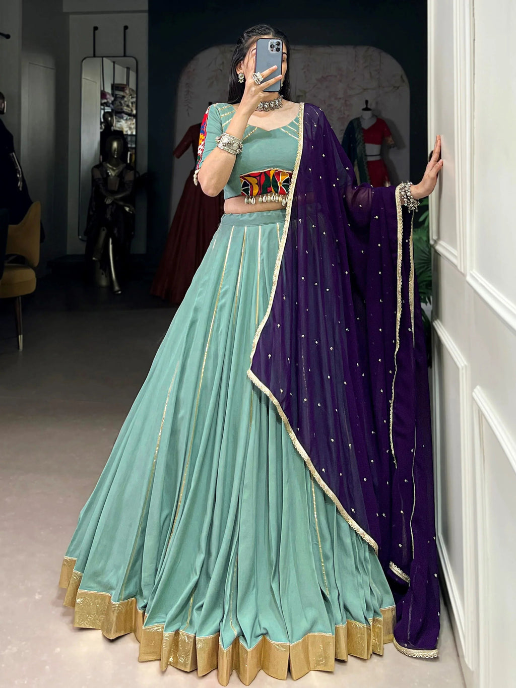 Sea Green Rayon Mirror Gamthi Work Lehenga Choli with Dupatta