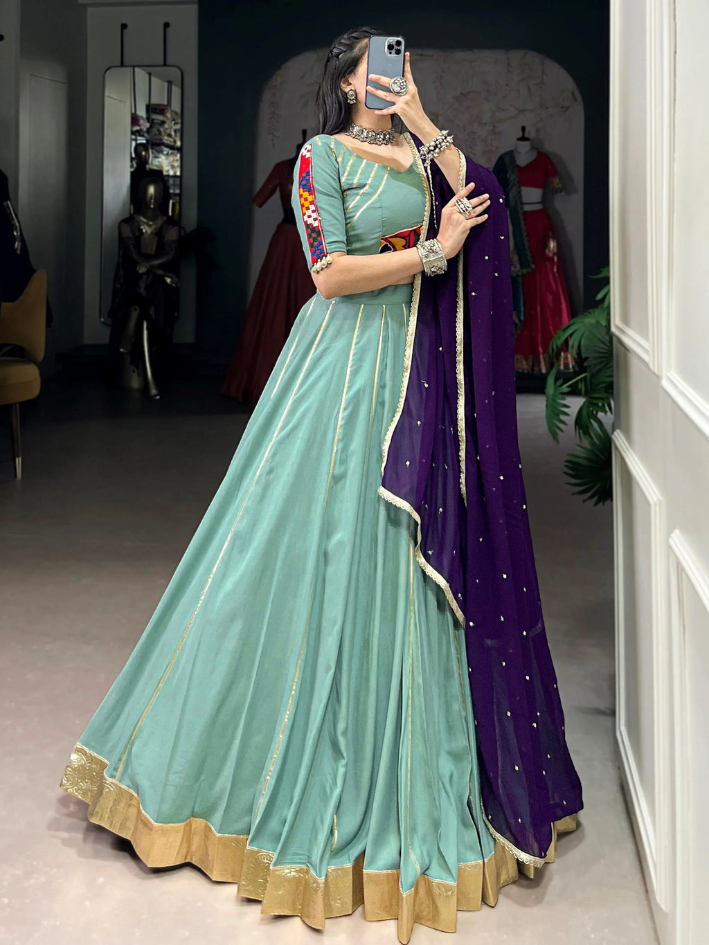Sea Green Rayon Mirror Gamthi Work Lehenga Choli with Dupatta