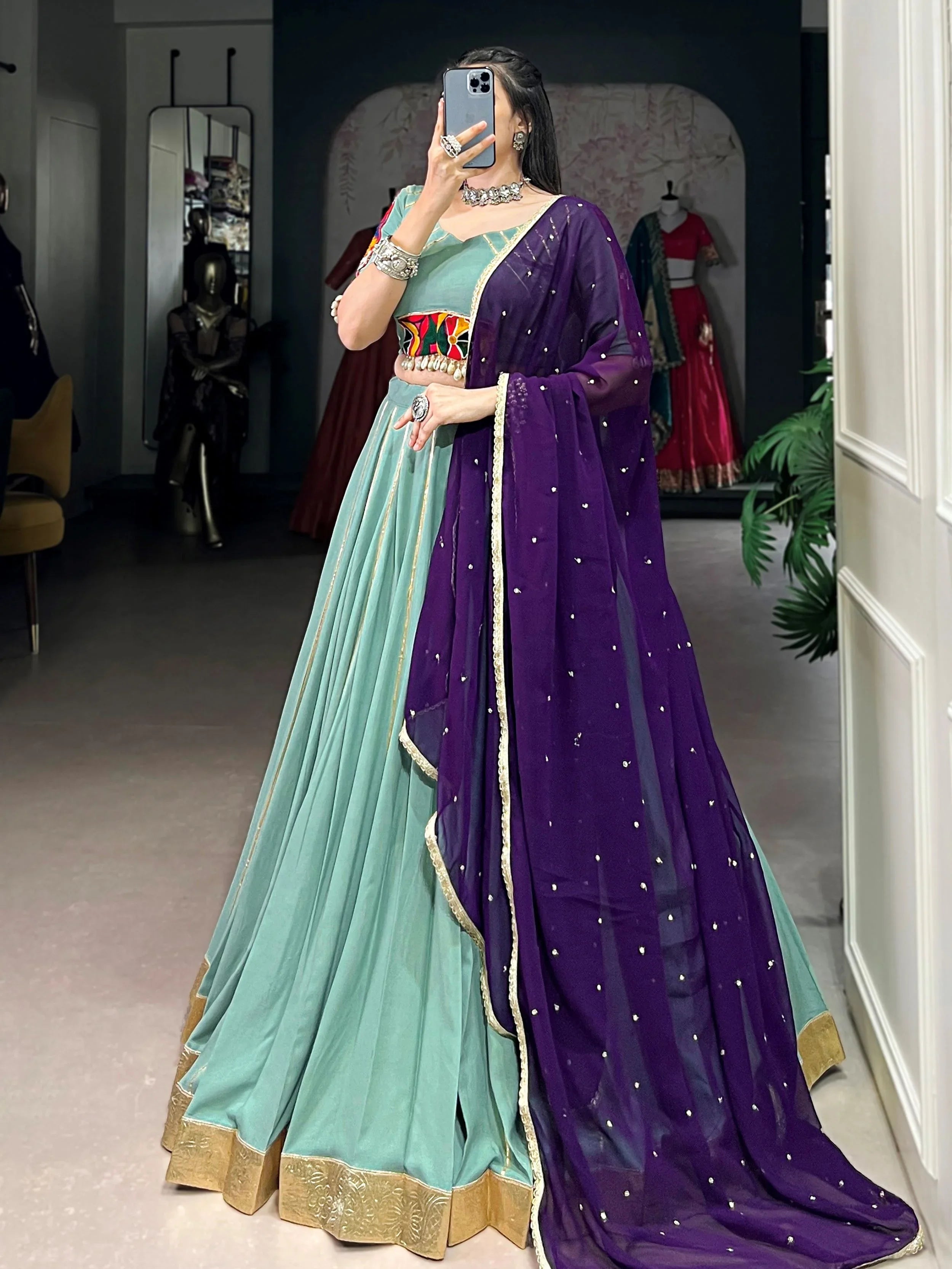 Sea Green Rayon Mirror Gamthi Work Lehenga Choli with Dupatta