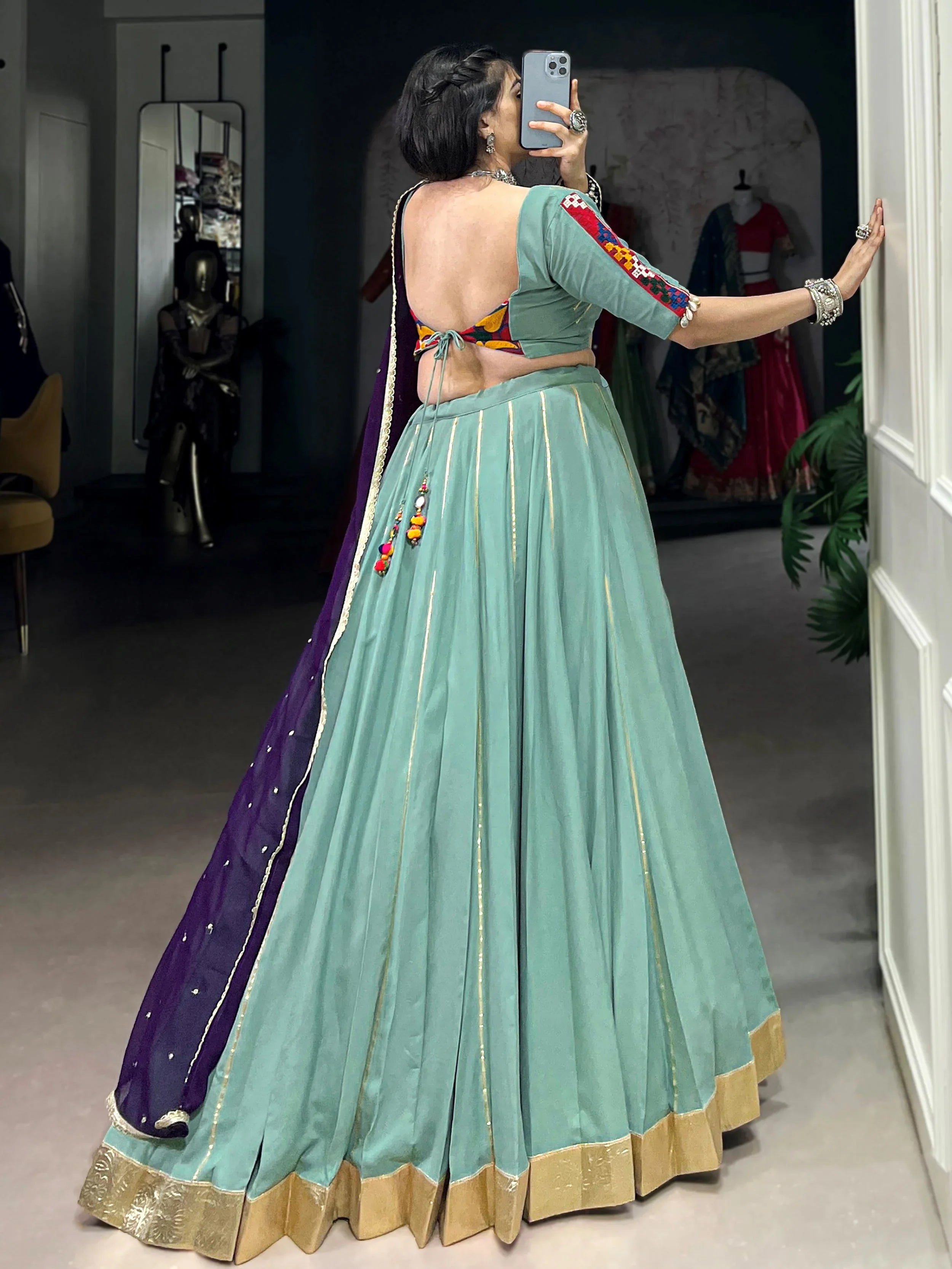 Sea Green Rayon Mirror Gamthi Work Lehenga Choli with Dupatta