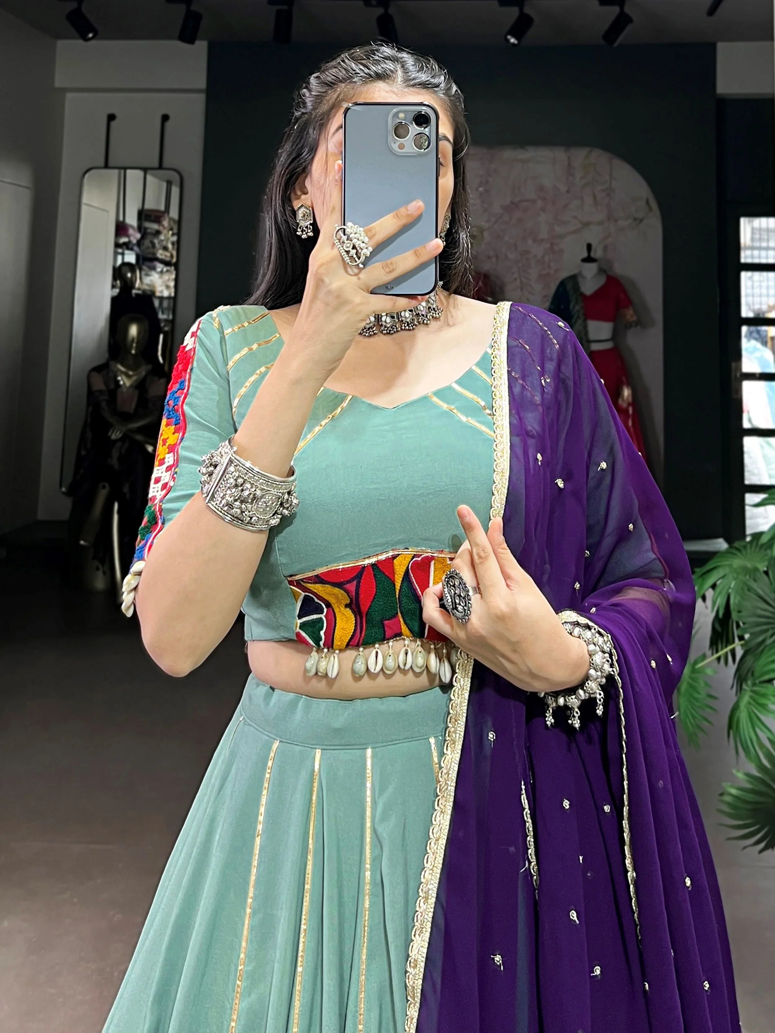 Sea Green Rayon Mirror Gamthi Work Lehenga Choli with Dupatta