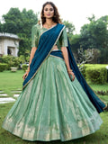 Sea Green Zari Weaving Sequins Embroidered Kanchipuram Silk Lehenga Choli