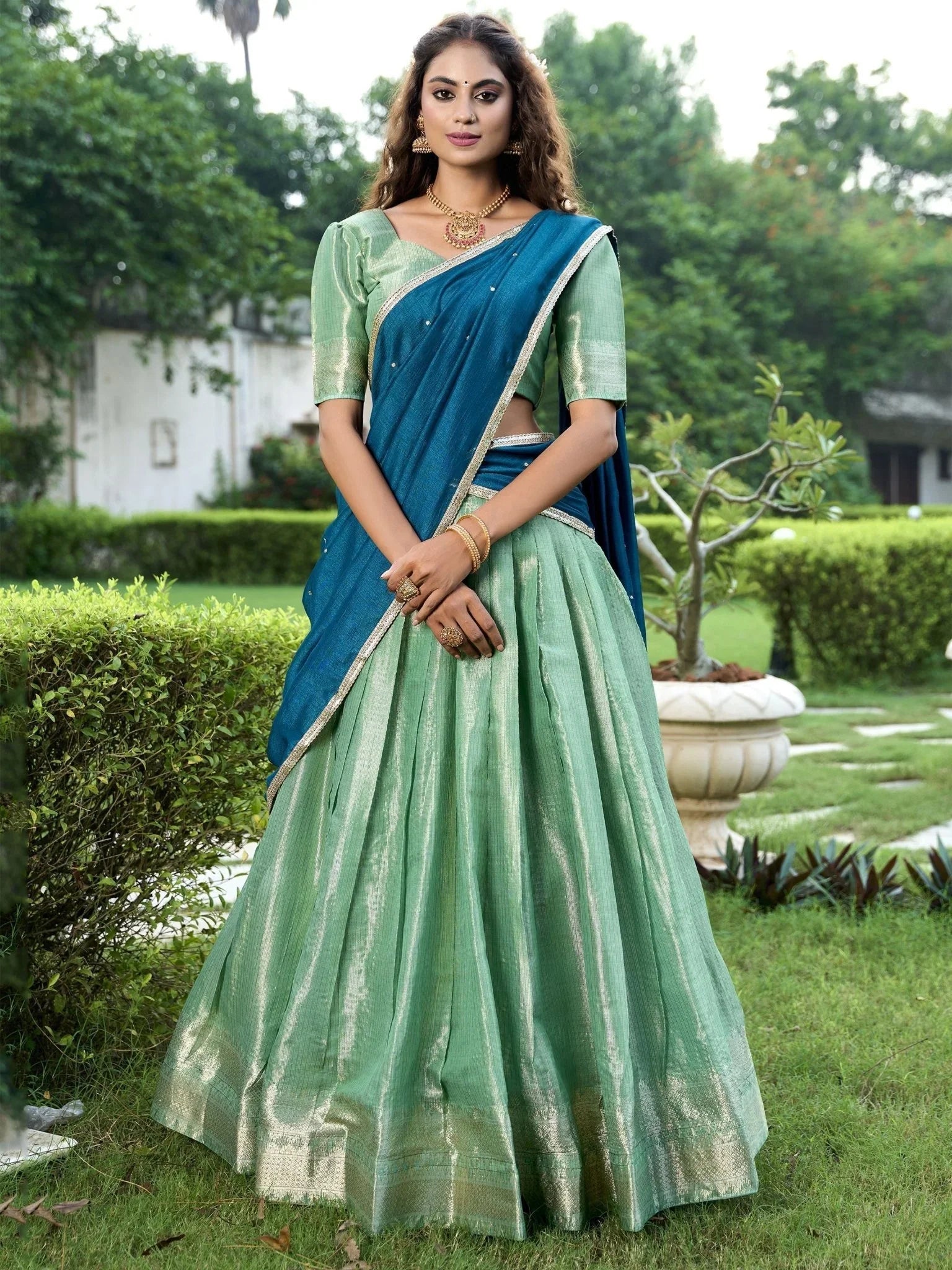 Sea Green Zari Weaving Sequins Embroidered Kanchipuram Silk Lehenga Choli