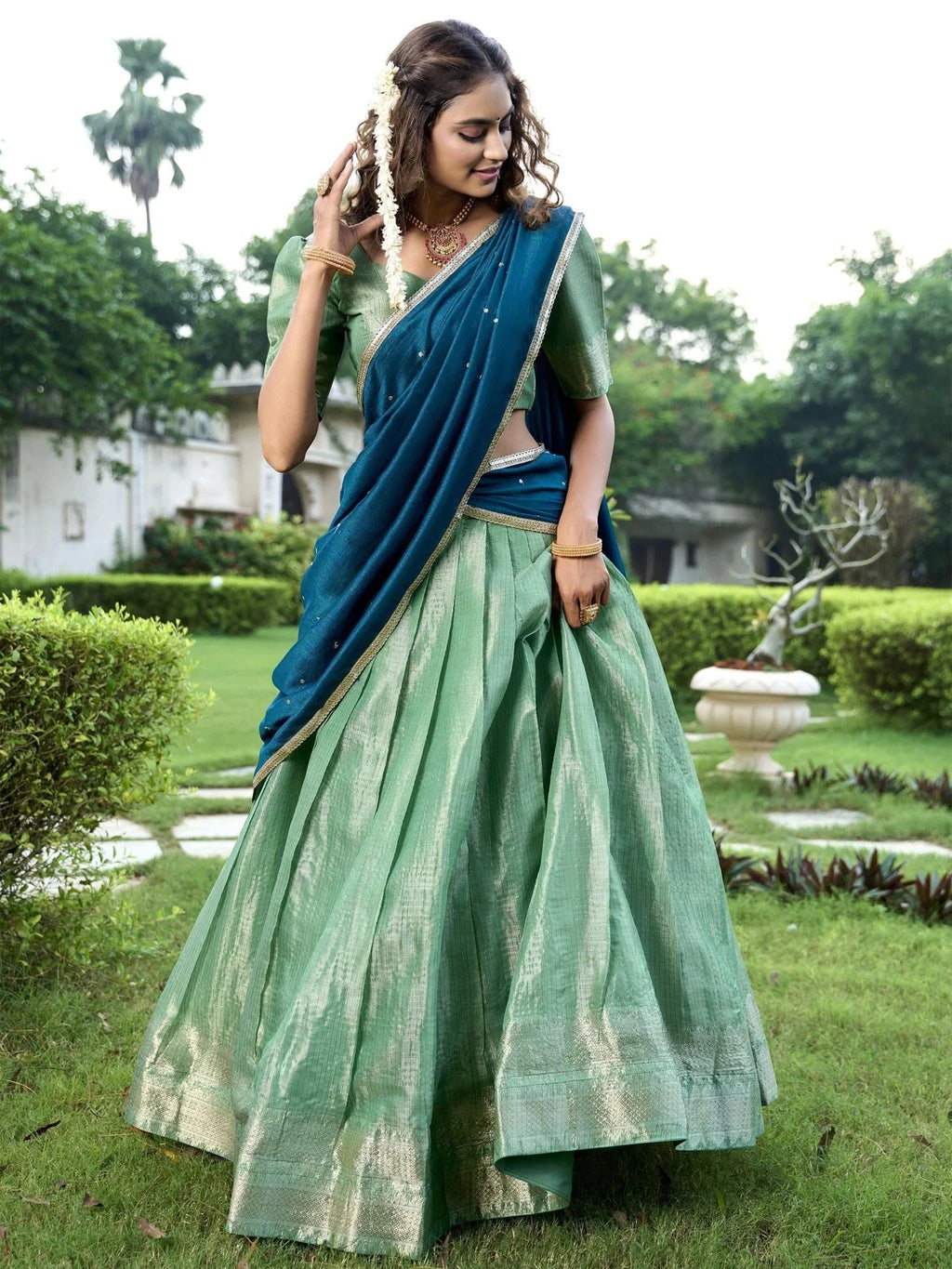 Sea Green Zari Weaving Sequins Embroidered Kanchipuram Silk Lehenga Choli