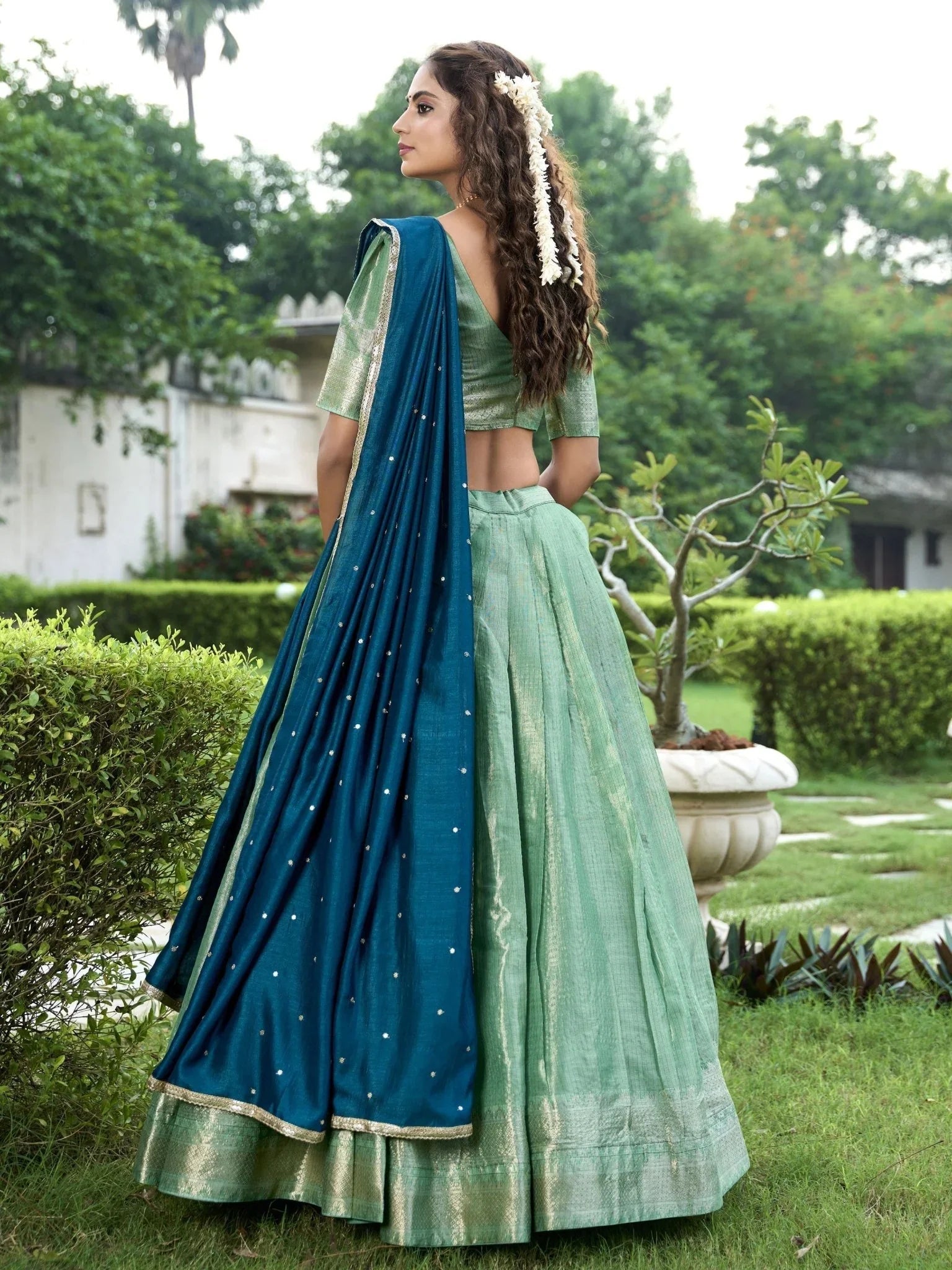 Sea Green Zari Weaving Sequins Embroidered Kanchipuram Silk Lehenga Choli