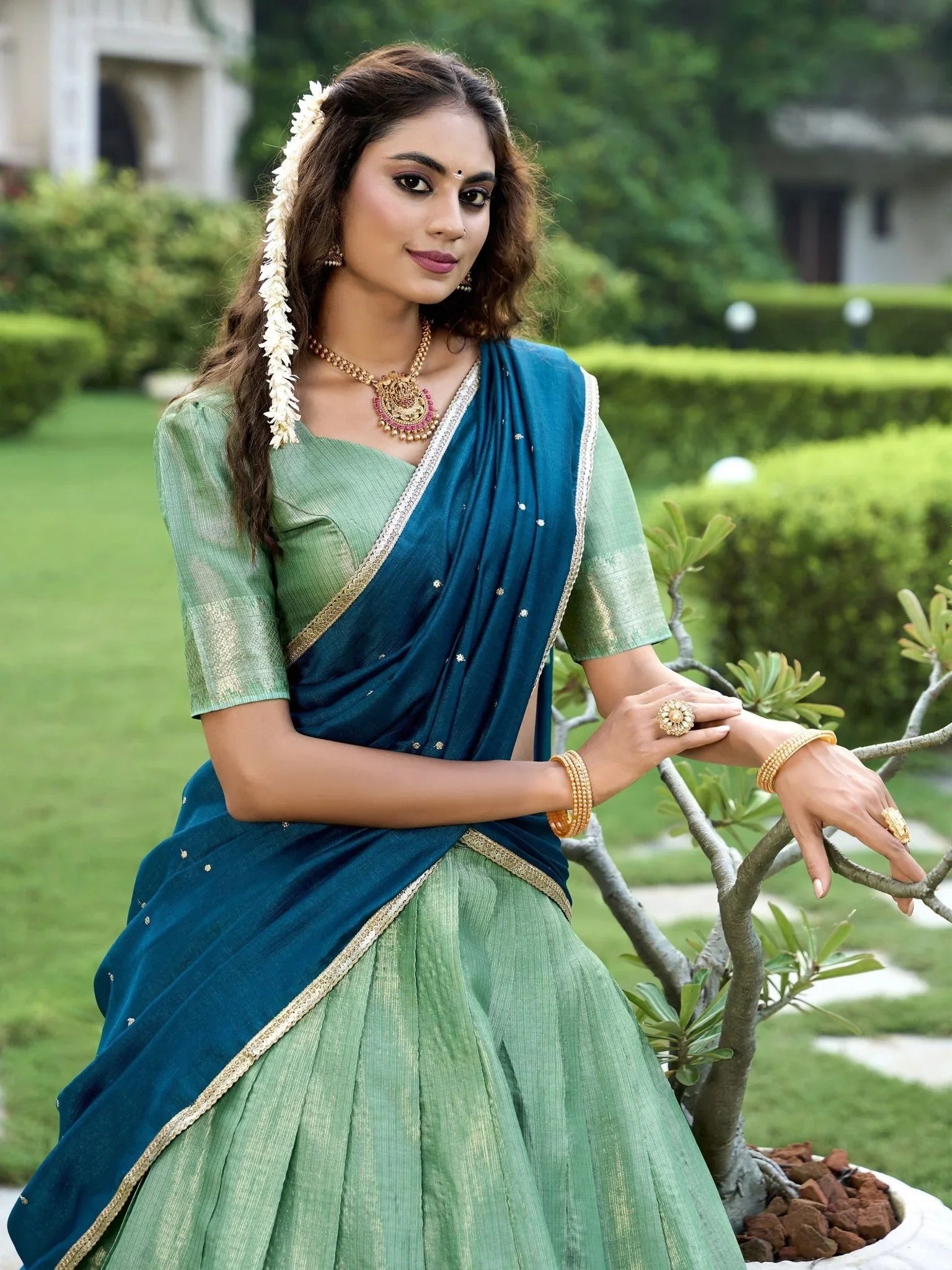 Sea Green Zari Weaving Sequins Embroidered Kanchipuram Silk Lehenga Choli