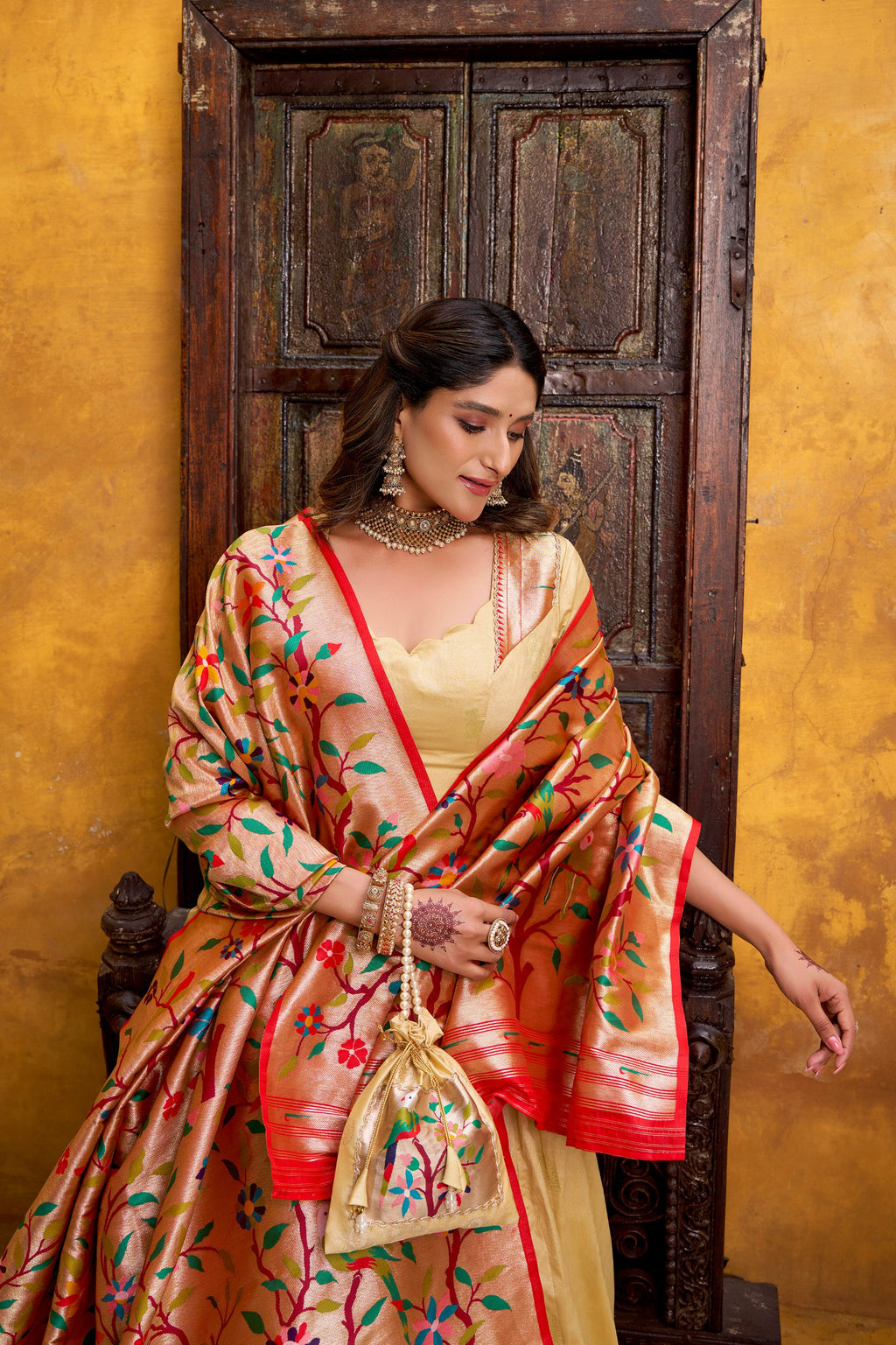 Shubhangi cream zari weaving work silk paithani lehenga choli set