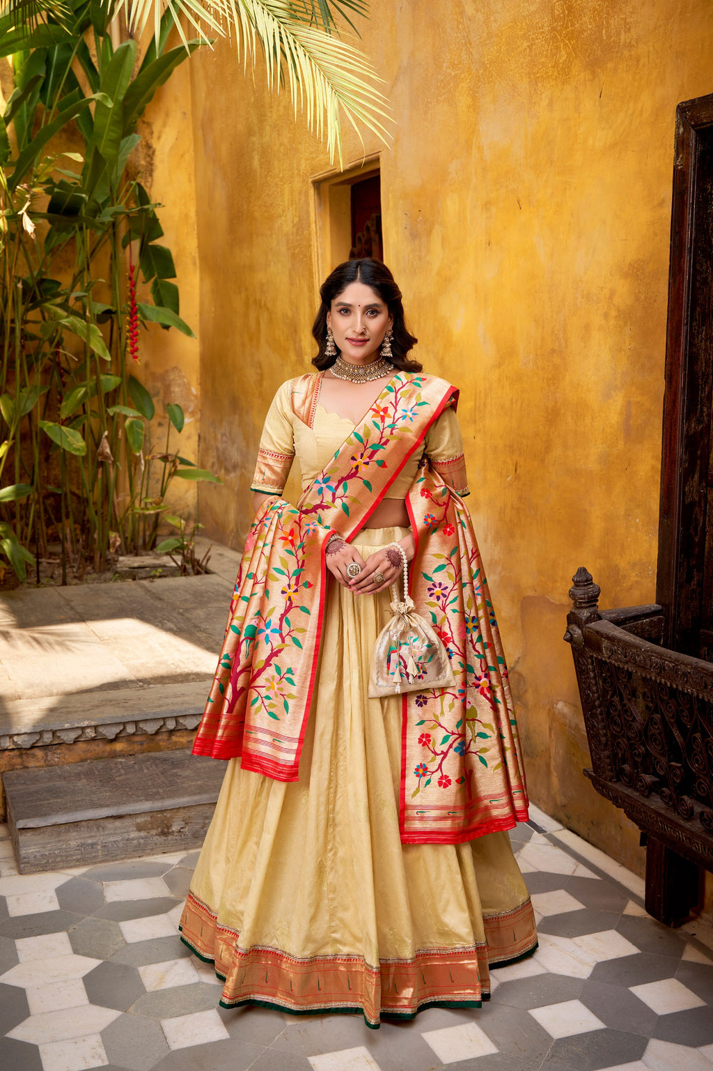Shubhangi cream zari weaving work silk paithani lehenga choli set