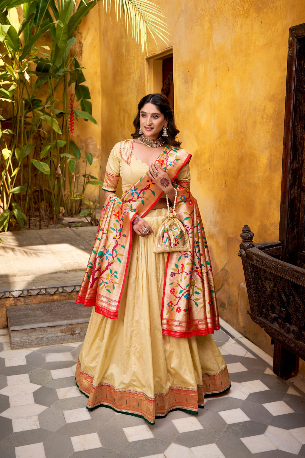 Shubhangi cream zari weaving work silk paithani lehenga choli set