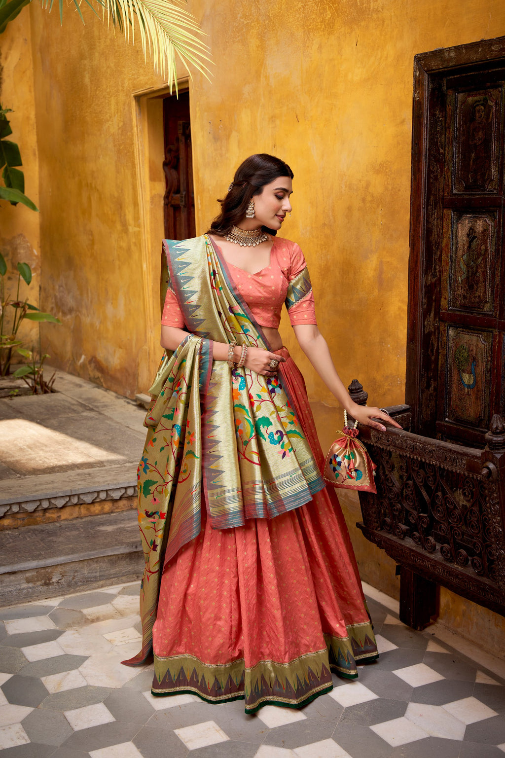 Shubhangi peach zari weaving work silk paithani lehenga choli set