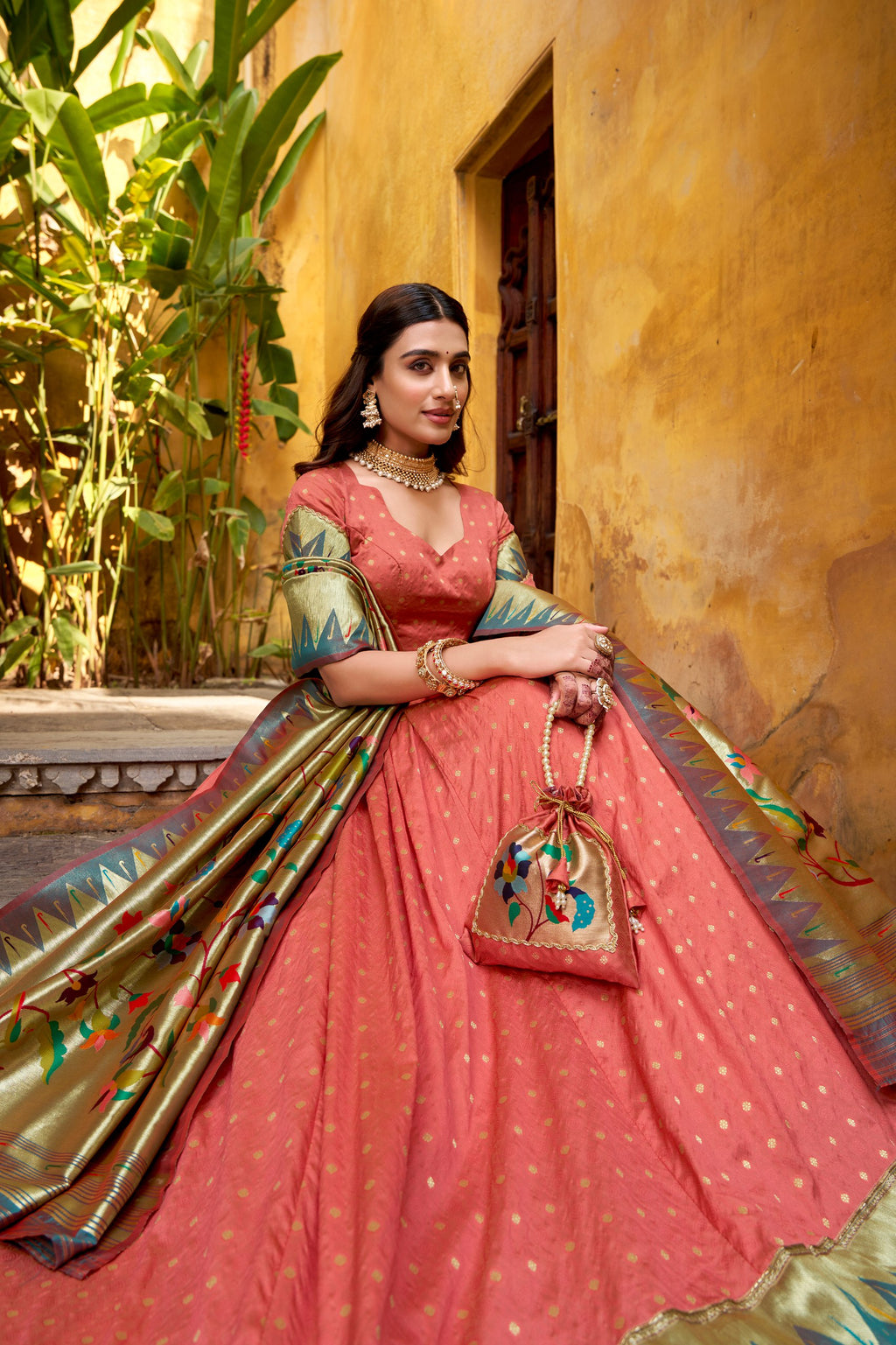 Shubhangi peach zari weaving work silk paithani lehenga choli set