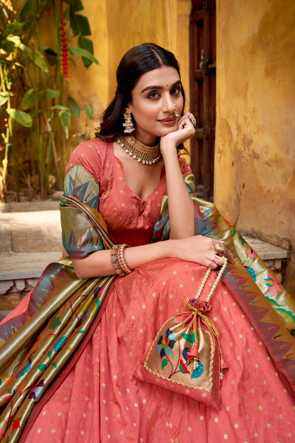 Shubhangi peach zari weaving work silk paithani lehenga choli set