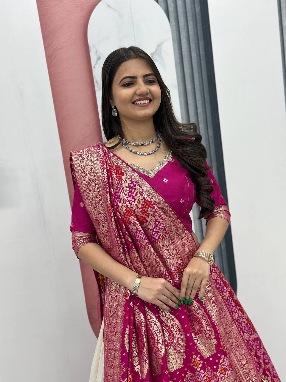 Shubhangi pink jacquard silk half saree lehenga choli