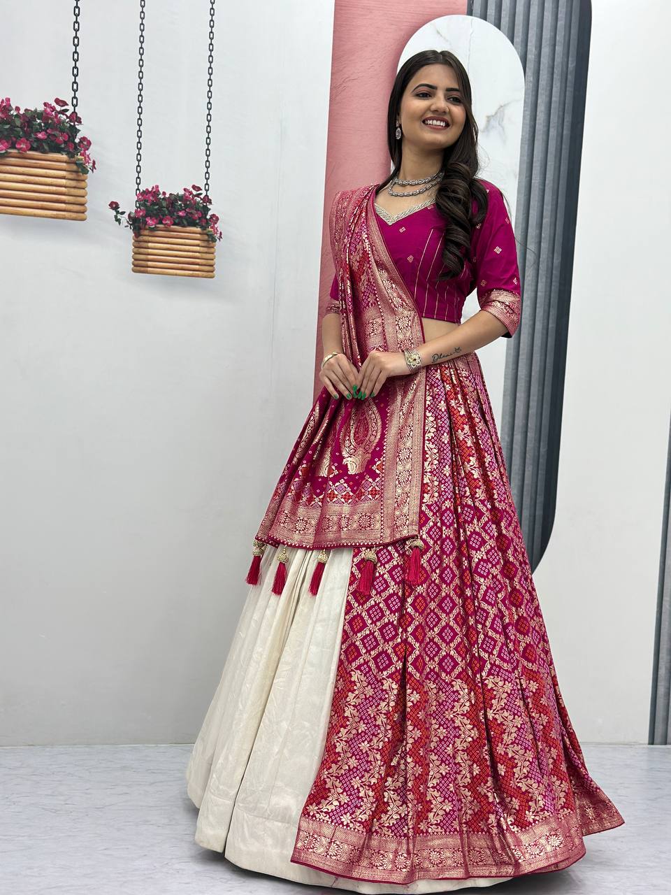 Shubhangi pink jacquard silk half saree lehenga choli