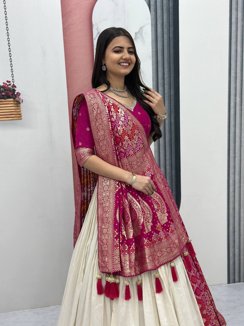 Shubhangi pink jacquard silk half saree lehenga choli