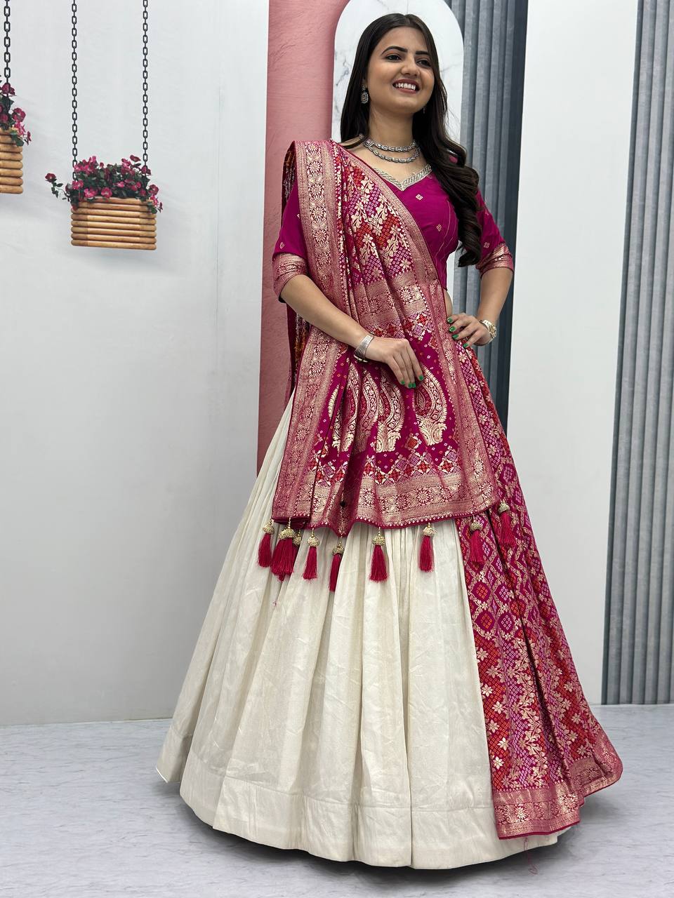 Shubhangi pink jacquard silk half saree lehenga choli