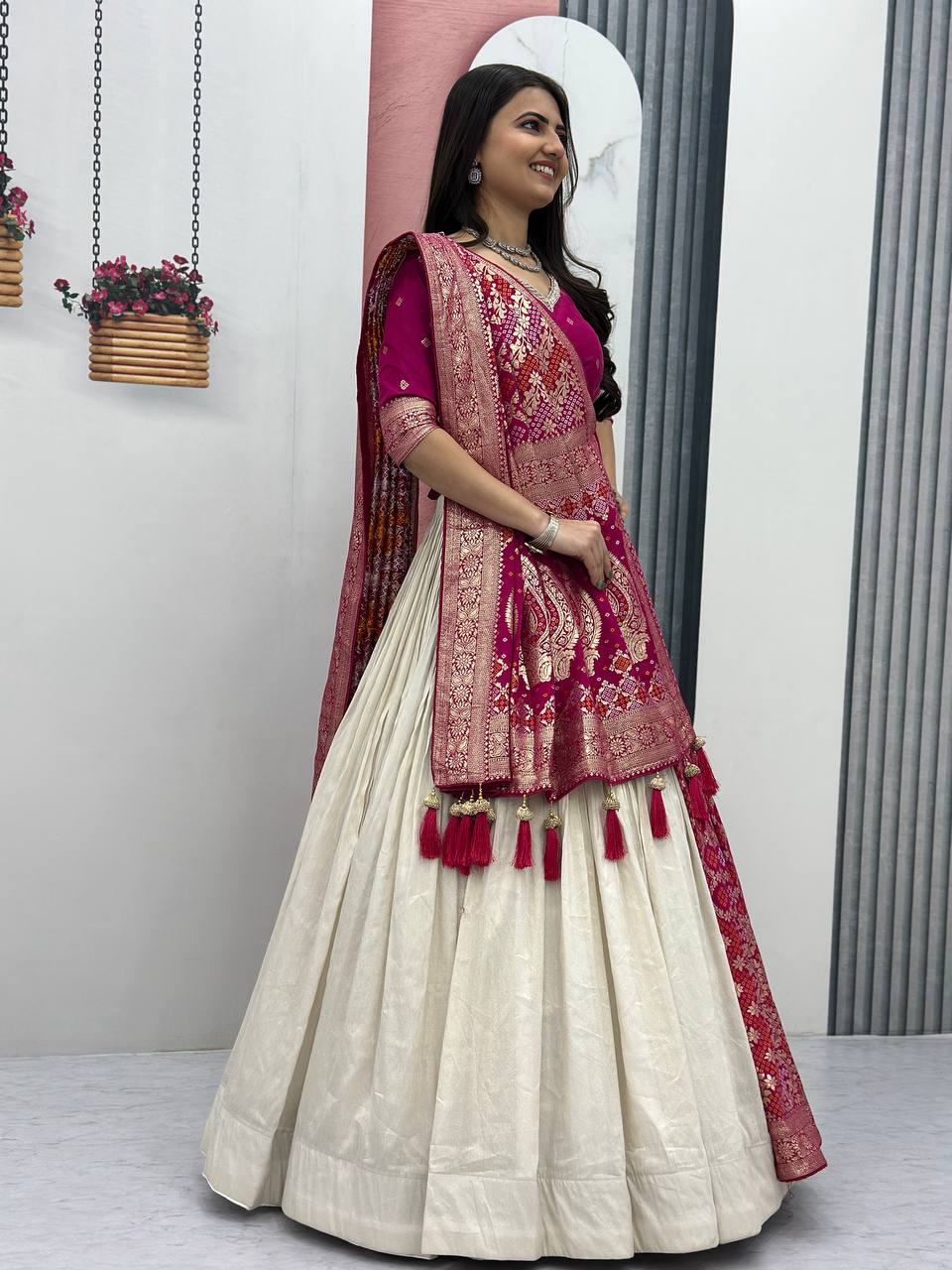 Shubhangi pink jacquard silk half saree lehenga choli