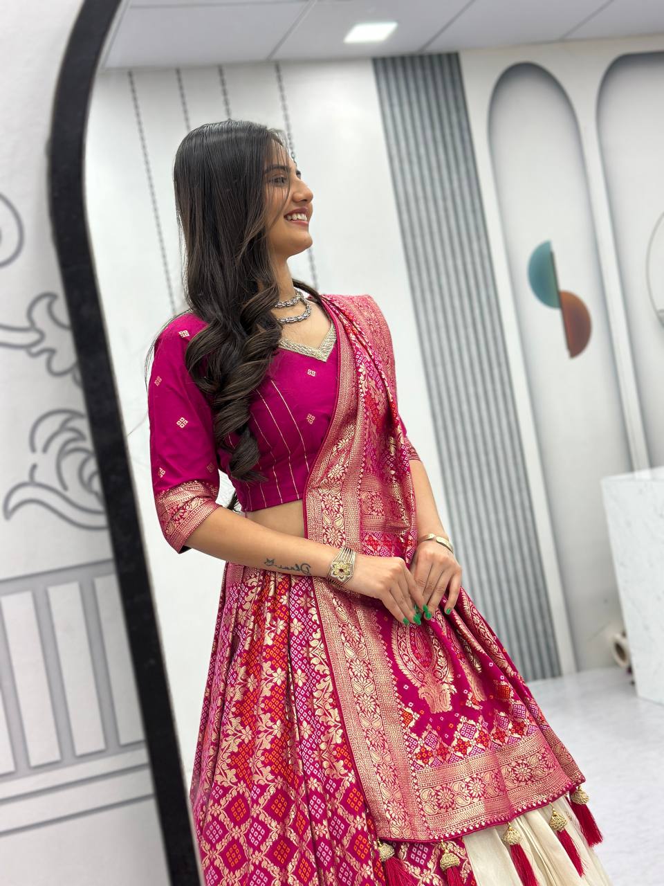 Shubhangi pink jacquard silk half saree lehenga choli