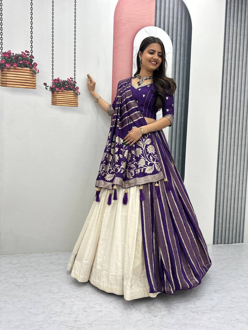 Shubhangi purple jacquard silk half saree lehenga choli