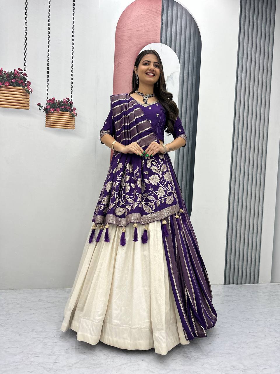 Shubhangi purple jacquard silk half saree lehenga choli