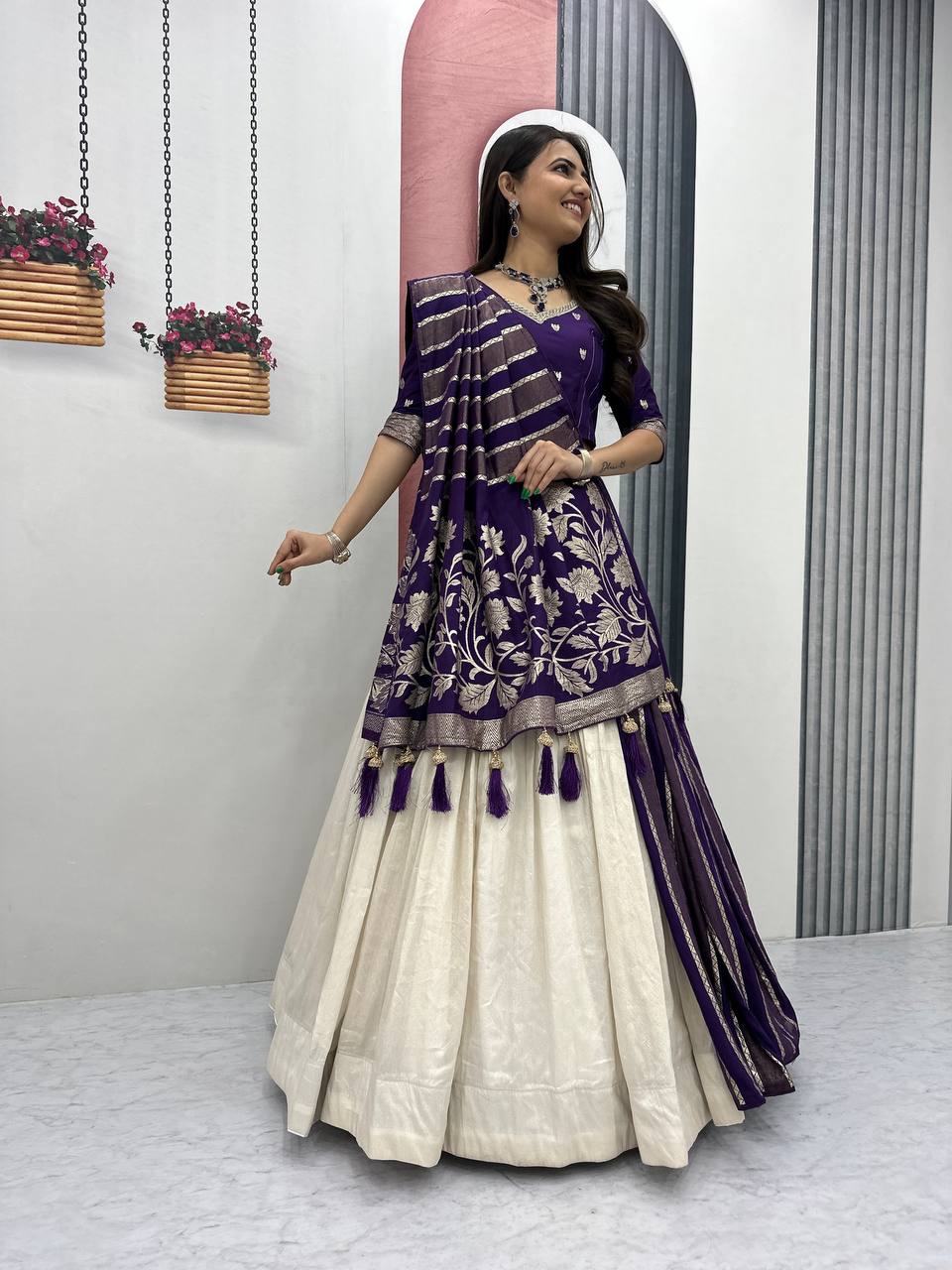 Shubhangi purple jacquard silk half saree lehenga choli