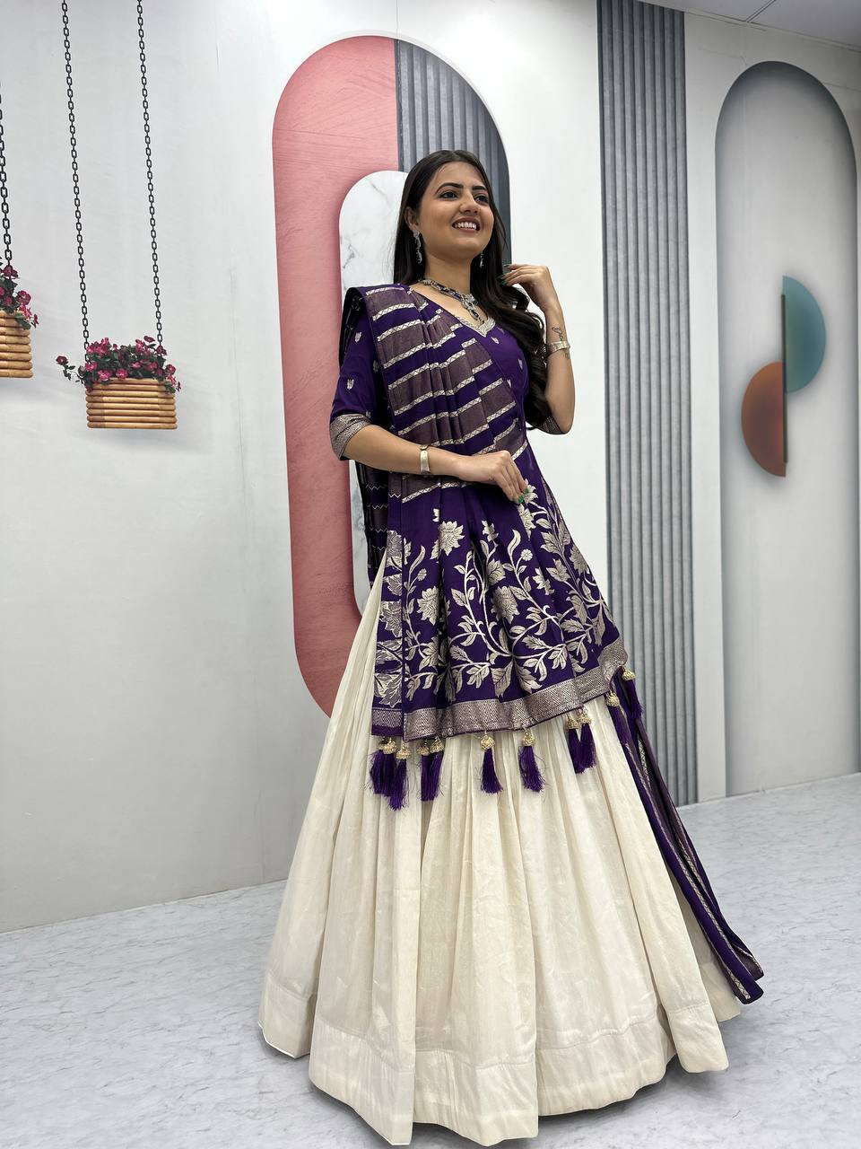 Shubhangi purple jacquard silk half saree lehenga choli