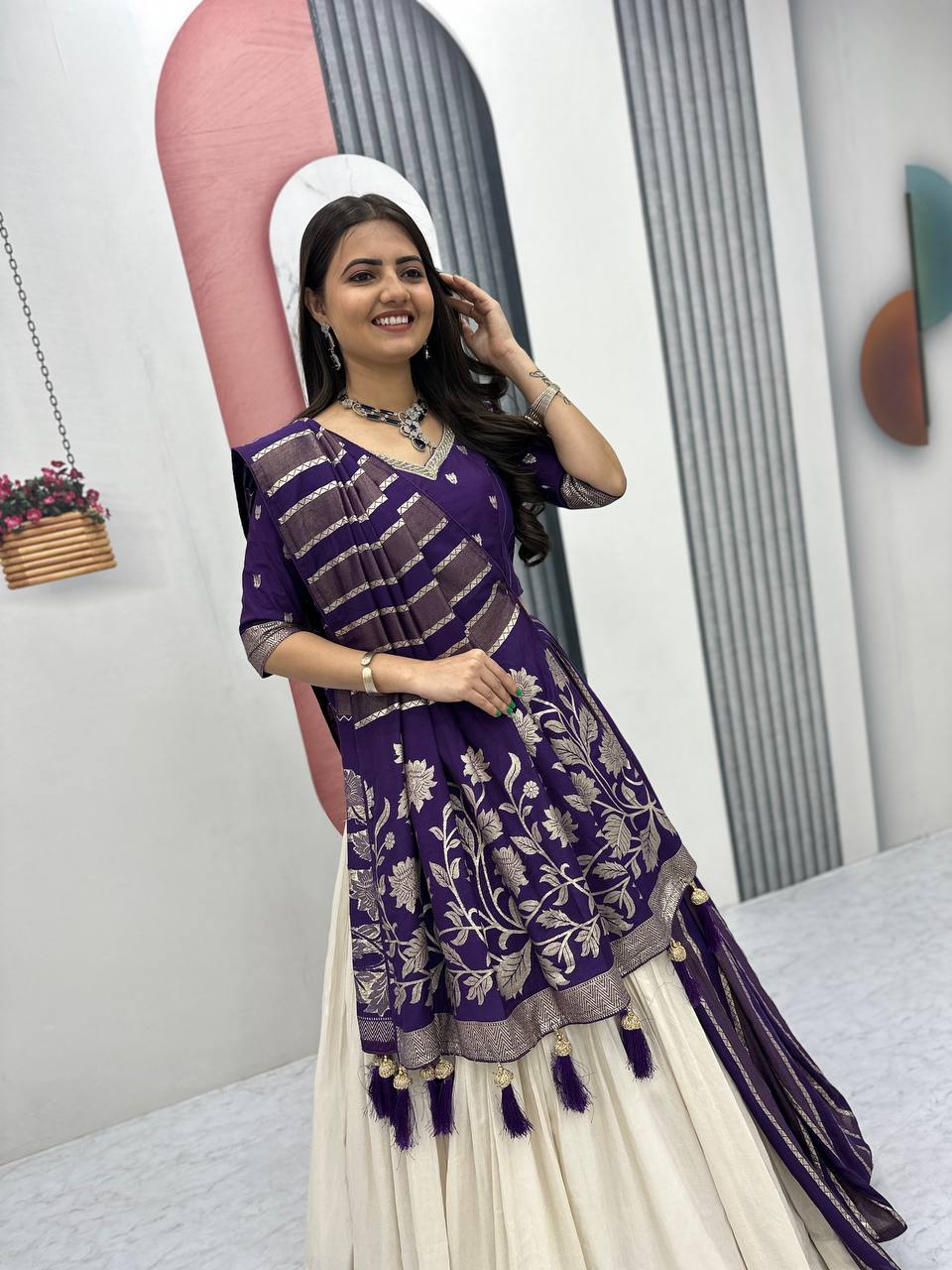 Shubhangi purple jacquard silk half saree lehenga choli