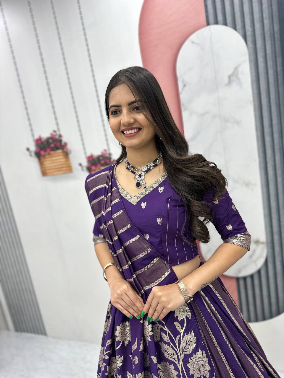 Shubhangi purple jacquard silk half saree lehenga choli