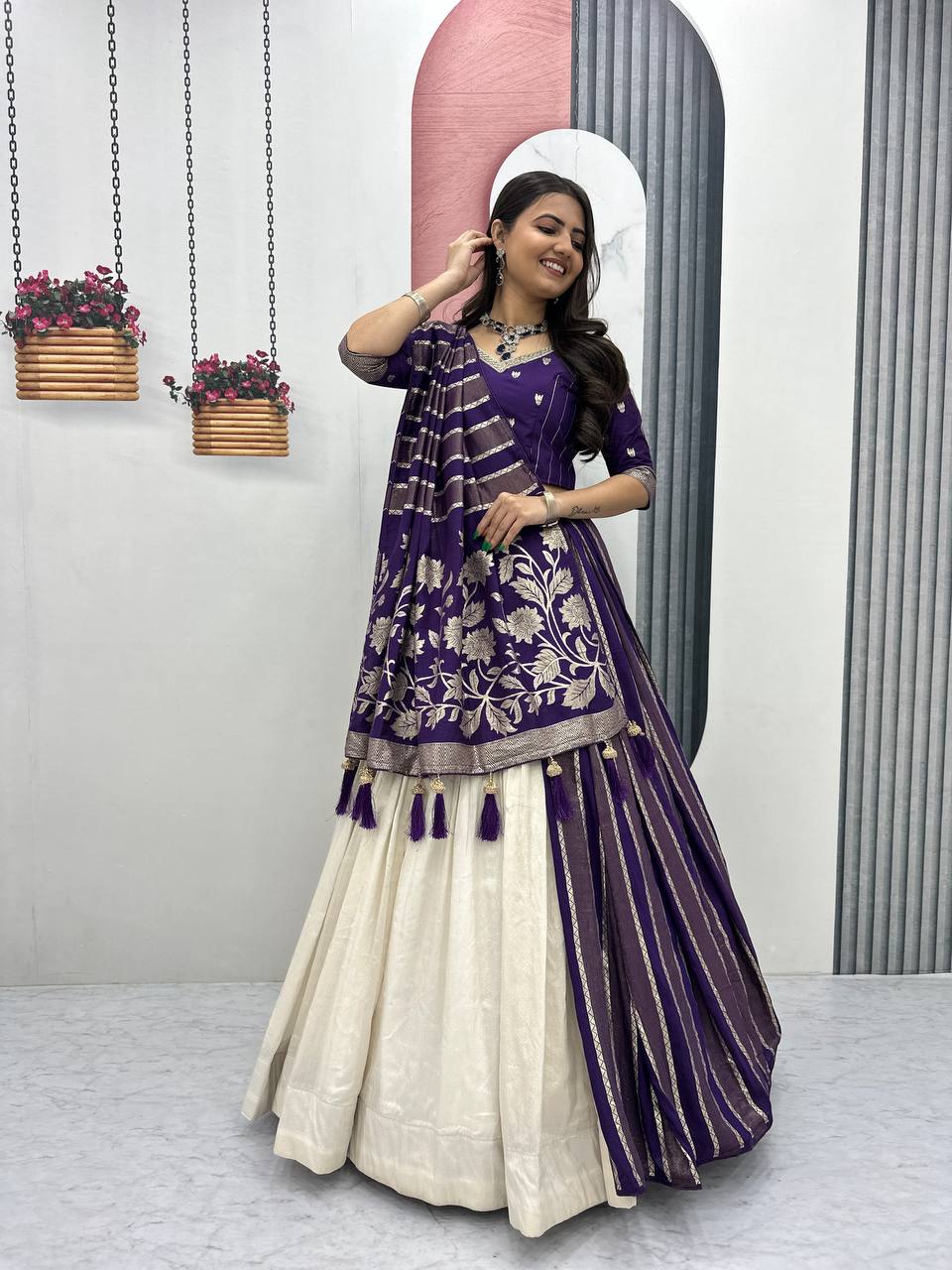 Shubhangi purple jacquard silk half saree lehenga choli