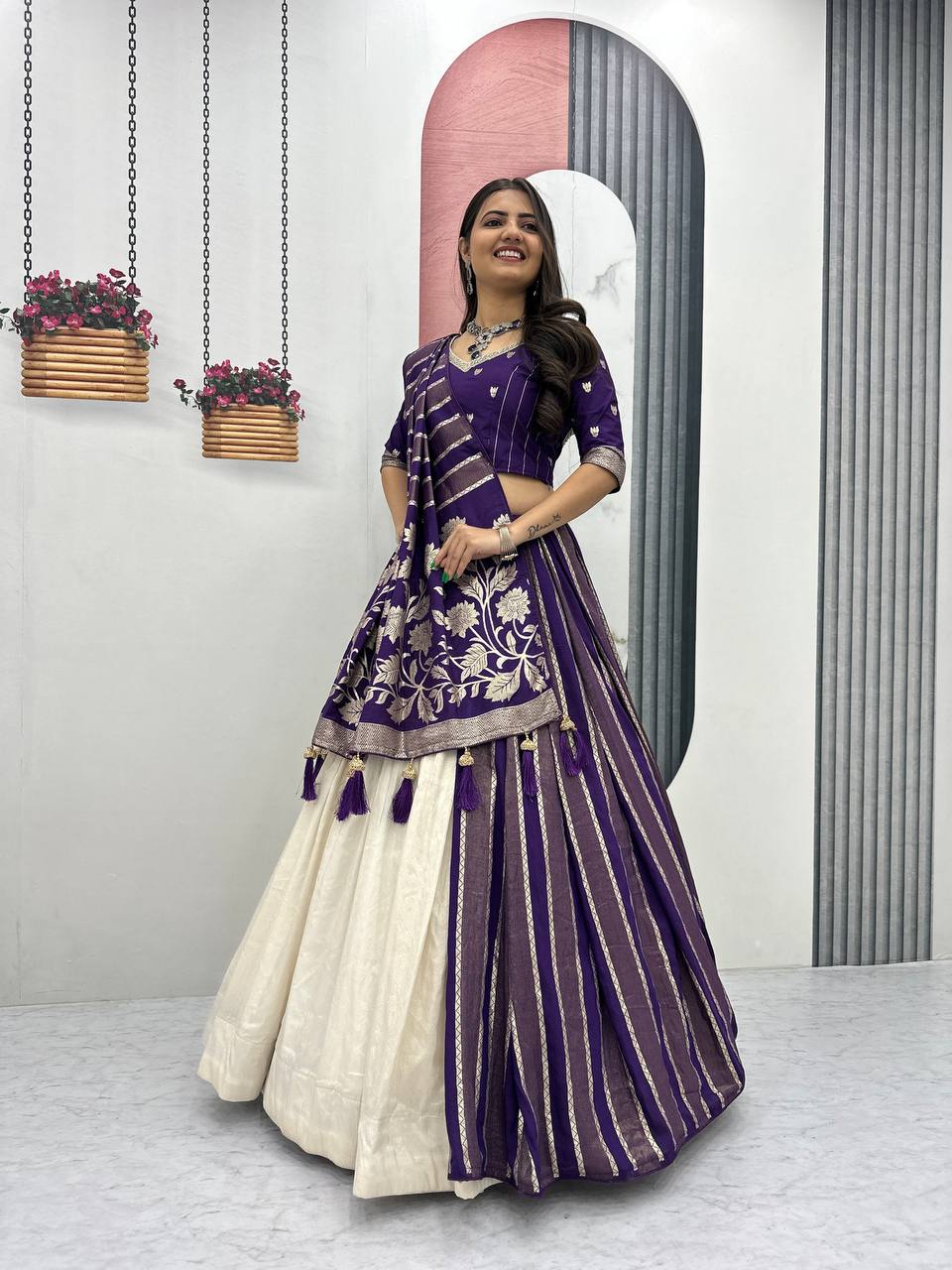 Shubhangi purple jacquard silk half saree lehenga choli