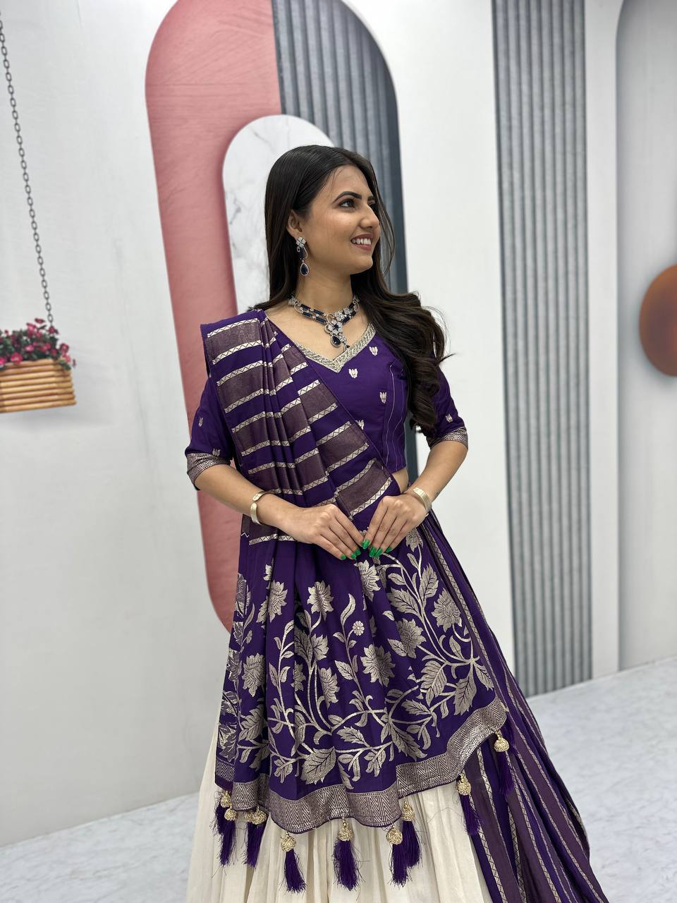 Shubhangi purple jacquard silk half saree lehenga choli