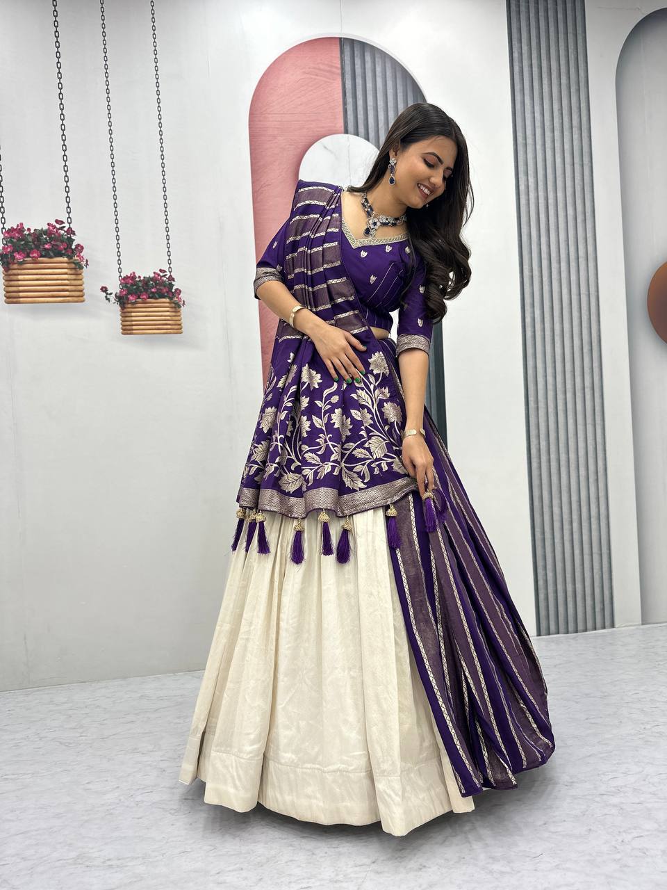 Shubhangi purple jacquard silk half saree lehenga choli