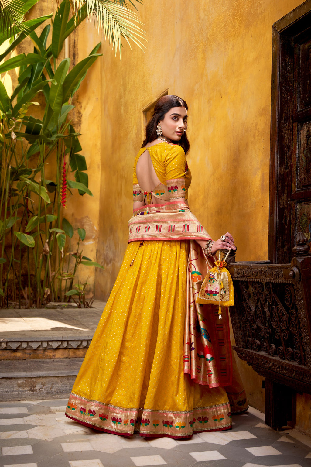 Shubhangi yellow zari weaving work silk paithani lehenga choli set