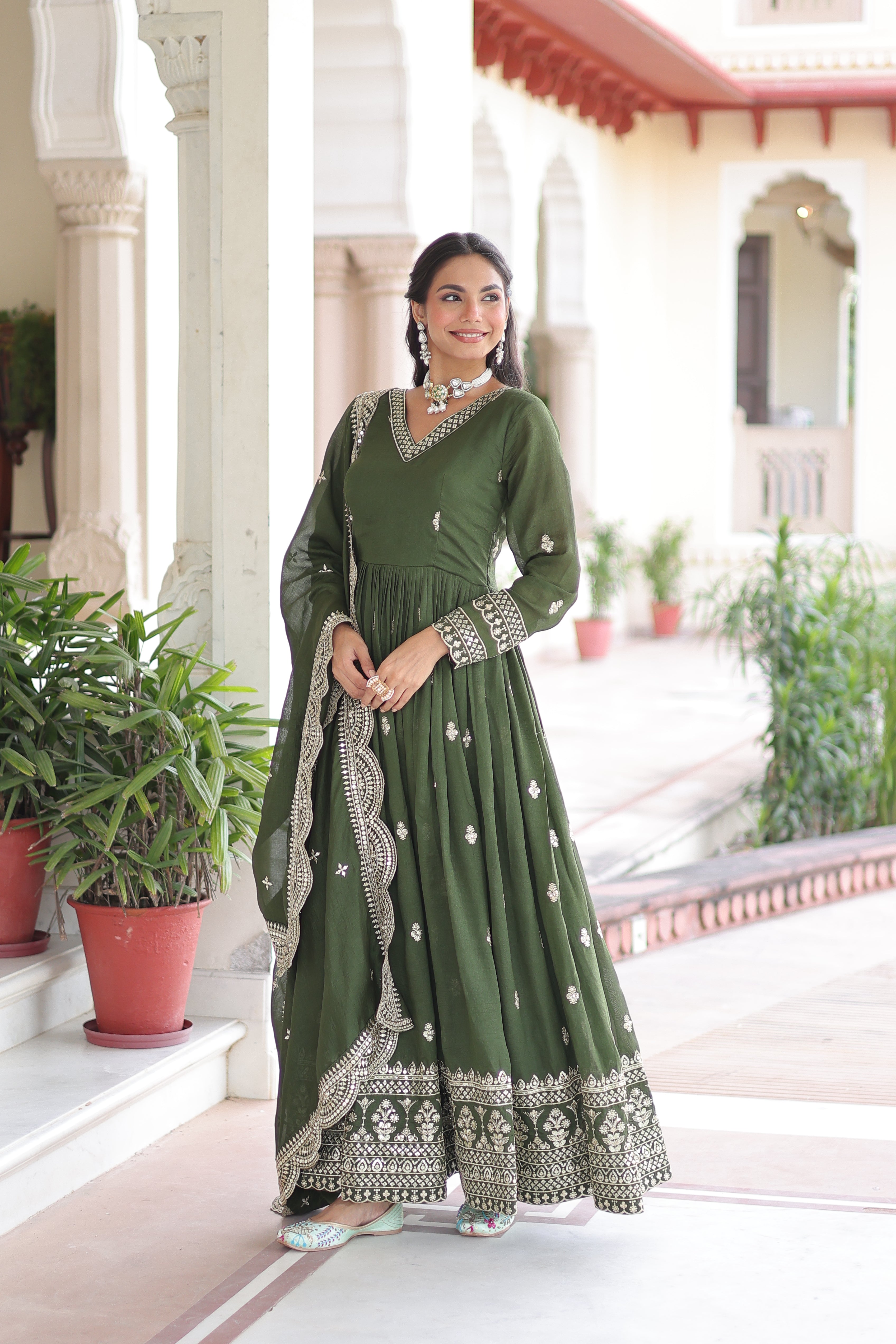 Sivi Green Vichitra Silk Sequins Zari Embroidered Work Gown With Dupatta