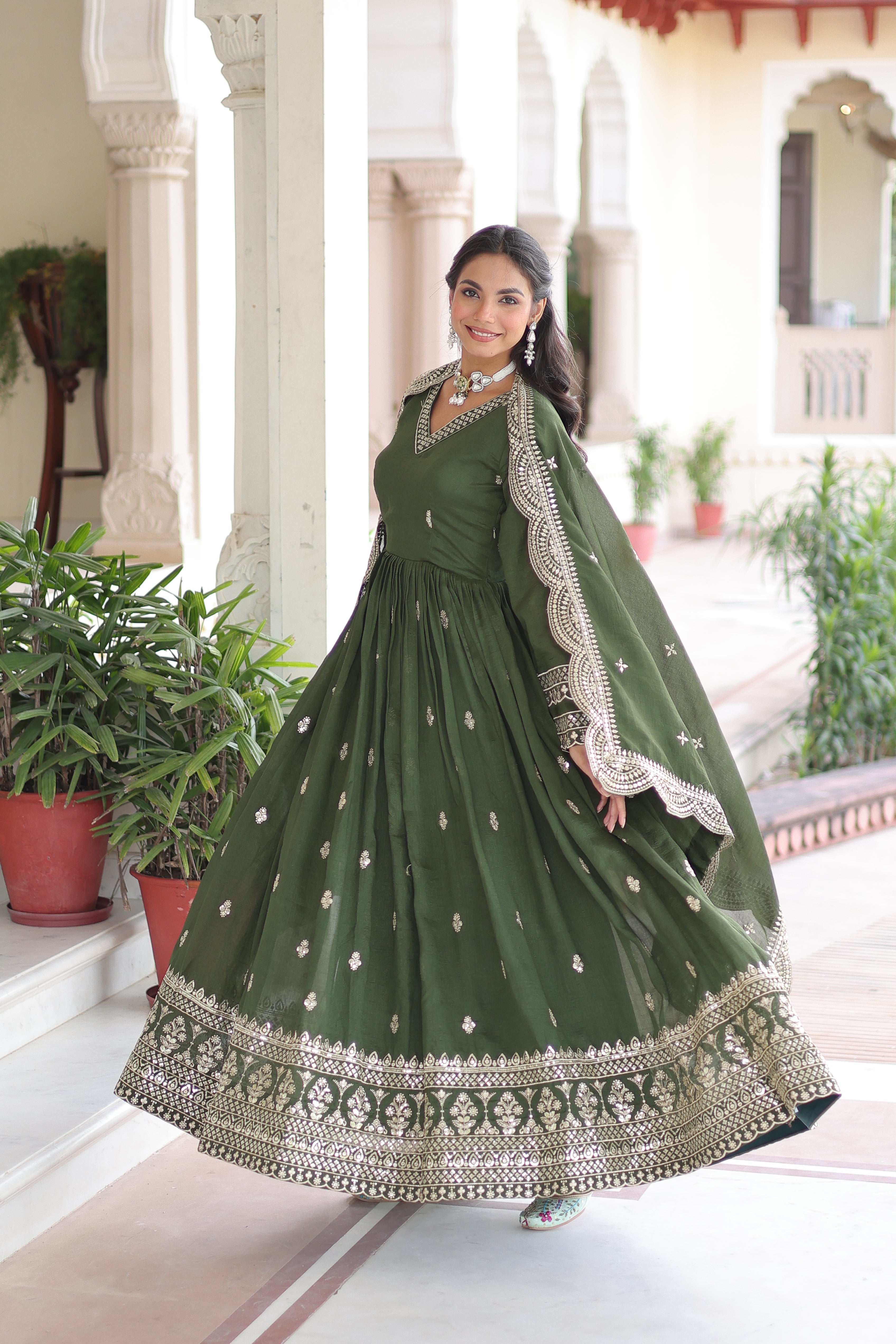 Sivi Green Vichitra Silk Sequins Zari Embroidered Work Gown With Dupatta