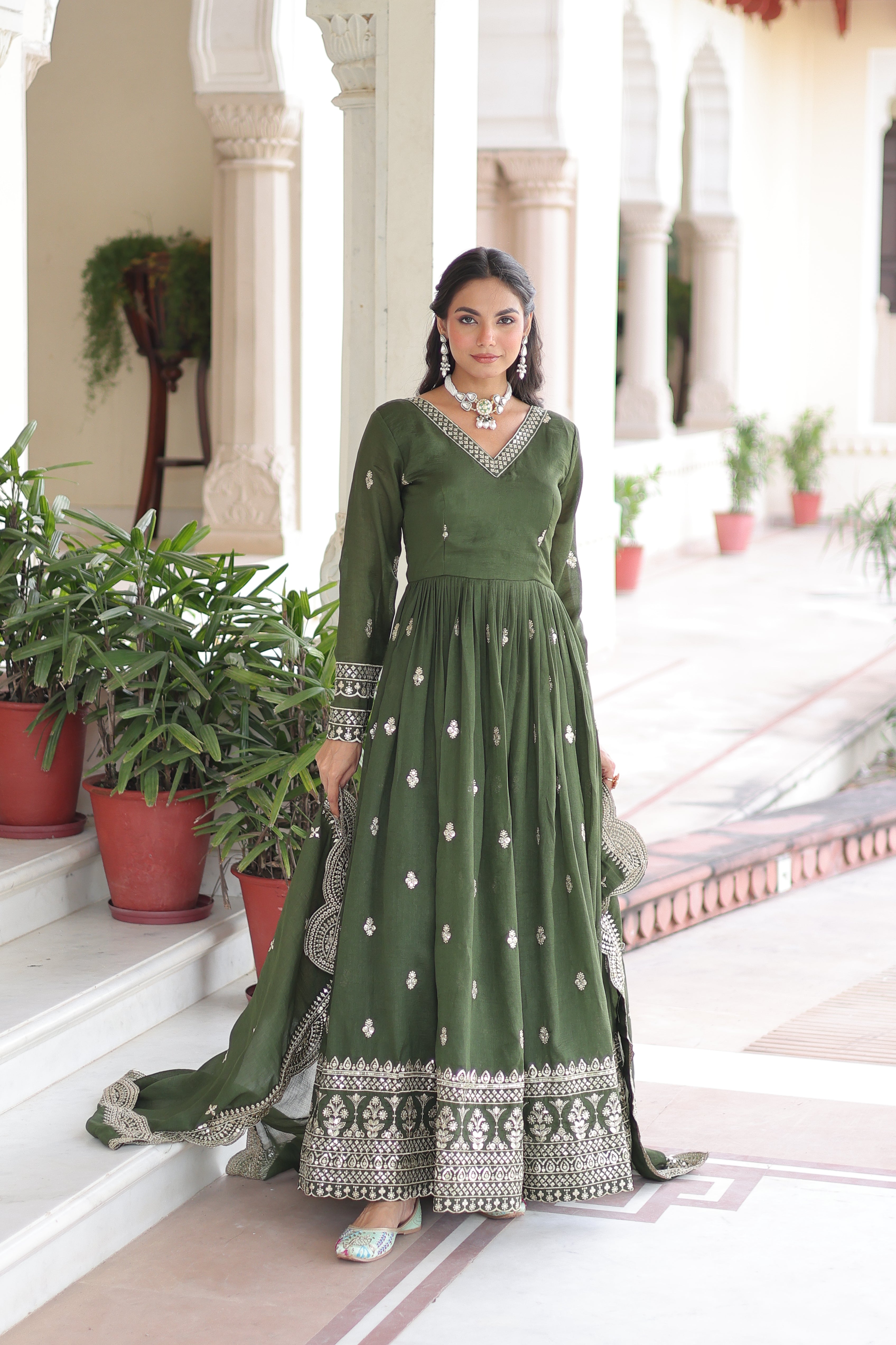 Sivi Green Vichitra Silk Sequins Zari Embroidered Work Gown With Dupatta