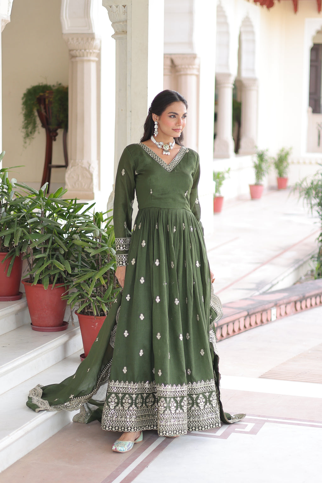 Sivi Green Vichitra Silk Sequins Zari Embroidered Work Gown With Dupatta