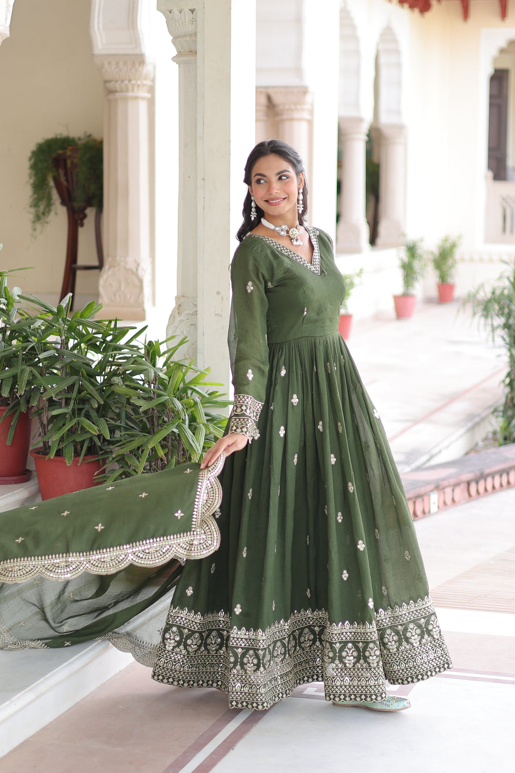 Sivi Green Vichitra Silk Sequins Zari Embroidered Work Gown With Dupatta