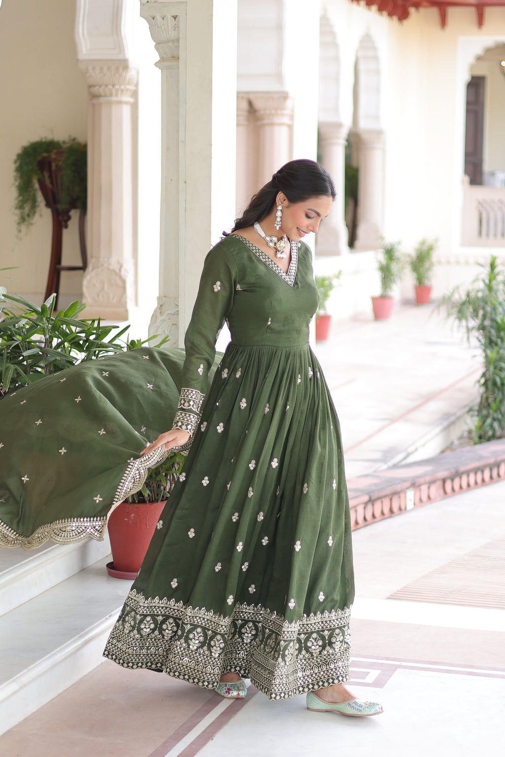 Sivi Green Vichitra Silk Sequins Zari Embroidered Work Gown With Dupatta