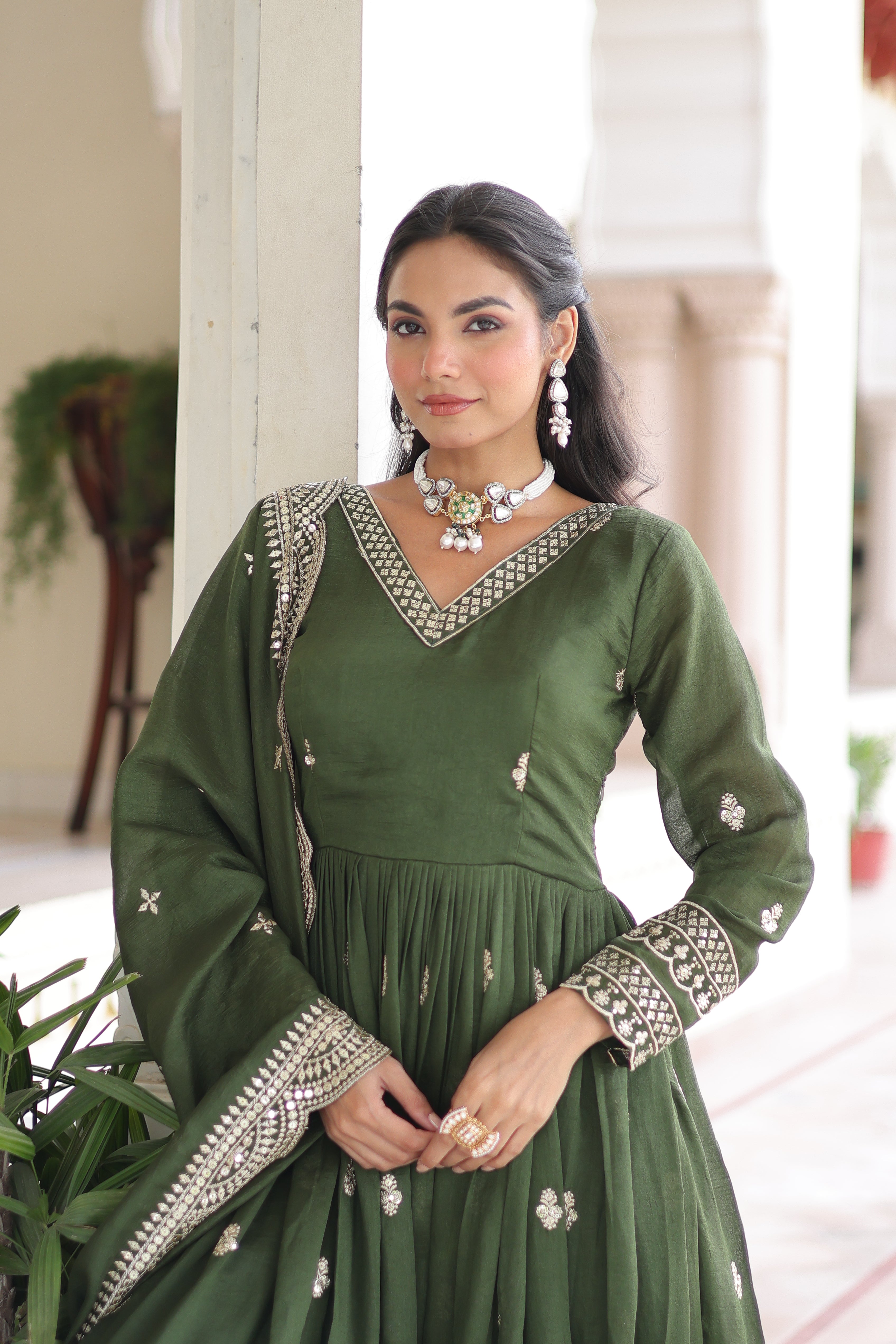 Sivi Green Vichitra Silk Sequins Zari Embroidered Work Gown With Dupatta