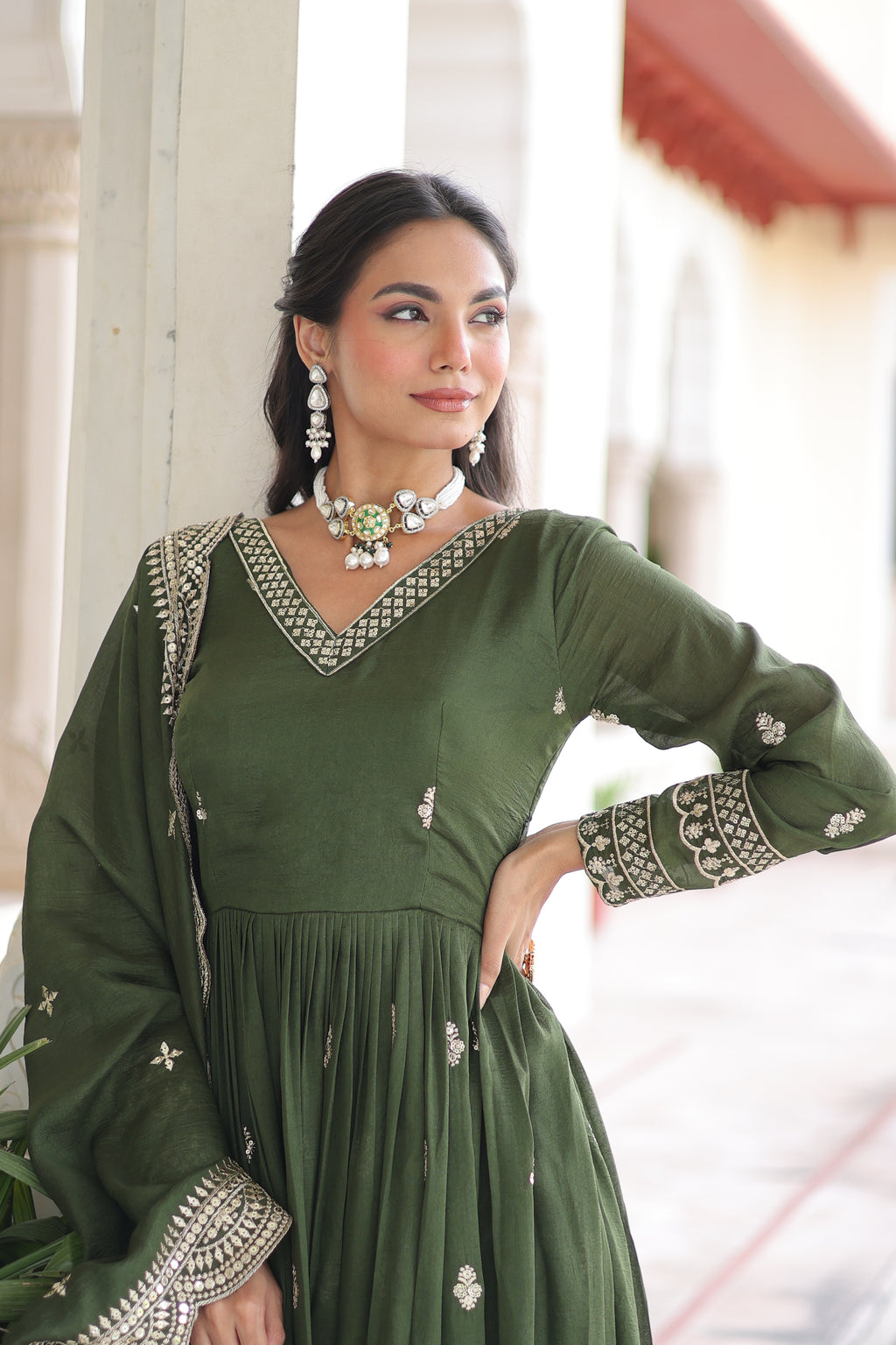 Sivi Green Vichitra Silk Sequins Zari Embroidered Work Gown With Dupatta