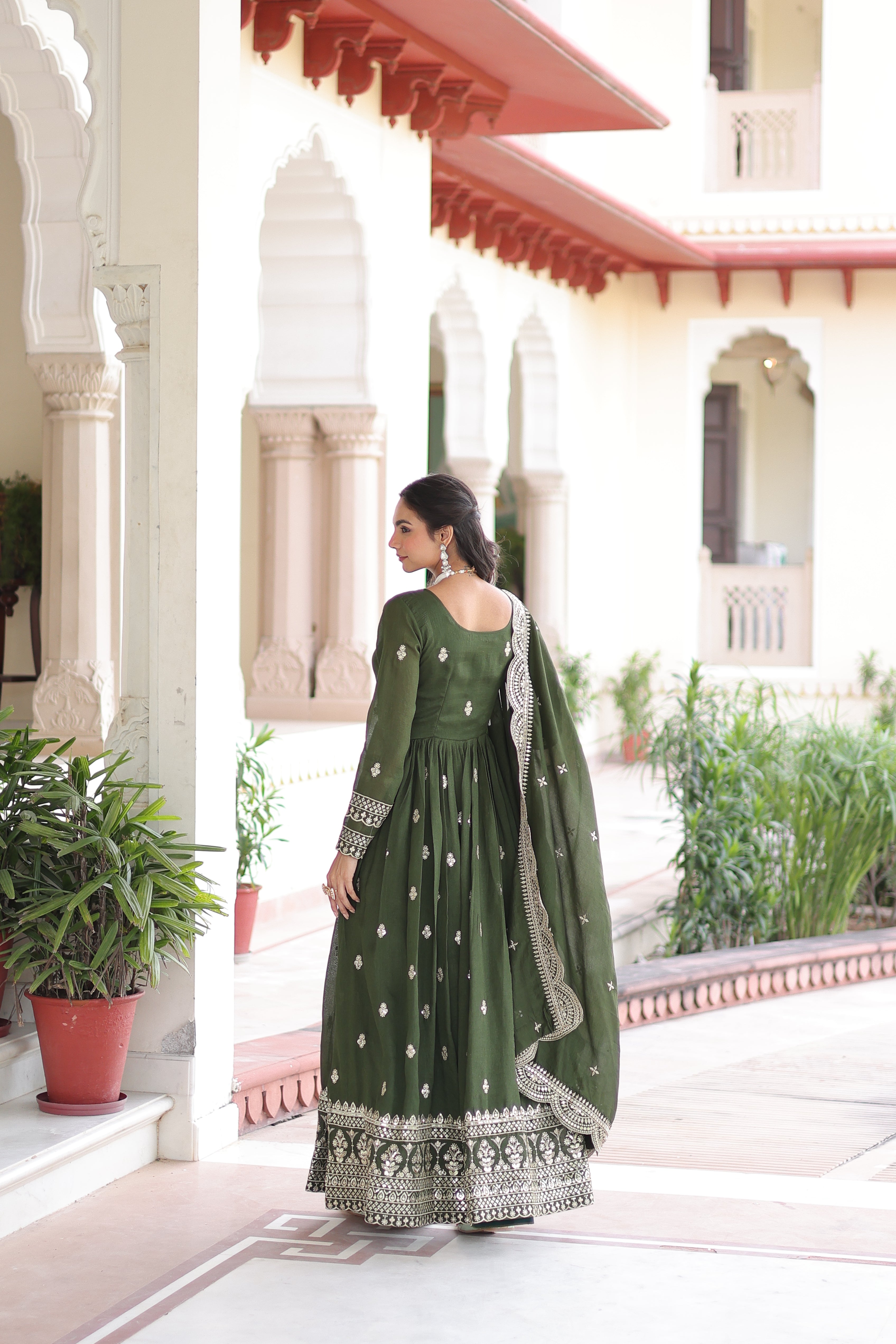 Sivi Green Vichitra Silk Sequins Zari Embroidered Work Gown With Dupatta